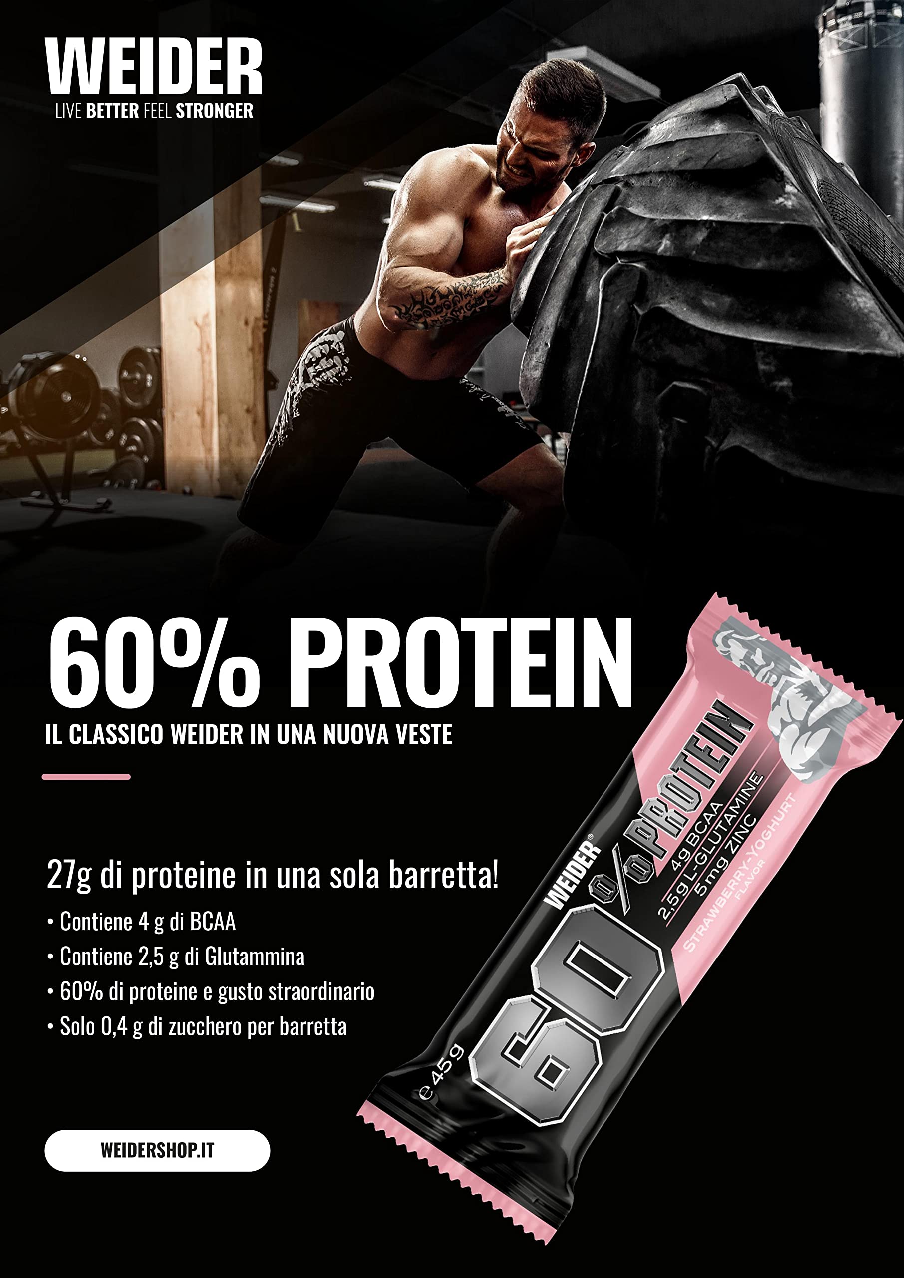 Weider 60% Protein Bar 45Gr Fragola Yogurt Conf.24pz. Barretta proteica