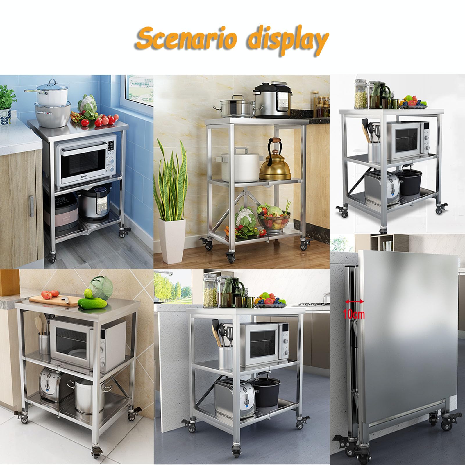 Servierwagen Edelstahl 3 Böden klappbar, 60X45X80CM | Transportwagen, Lagerregal, Regalwagen, Küchenwagen mit Rollen, Allzweckwagen für Restaurant Hotel Schule Haushalt