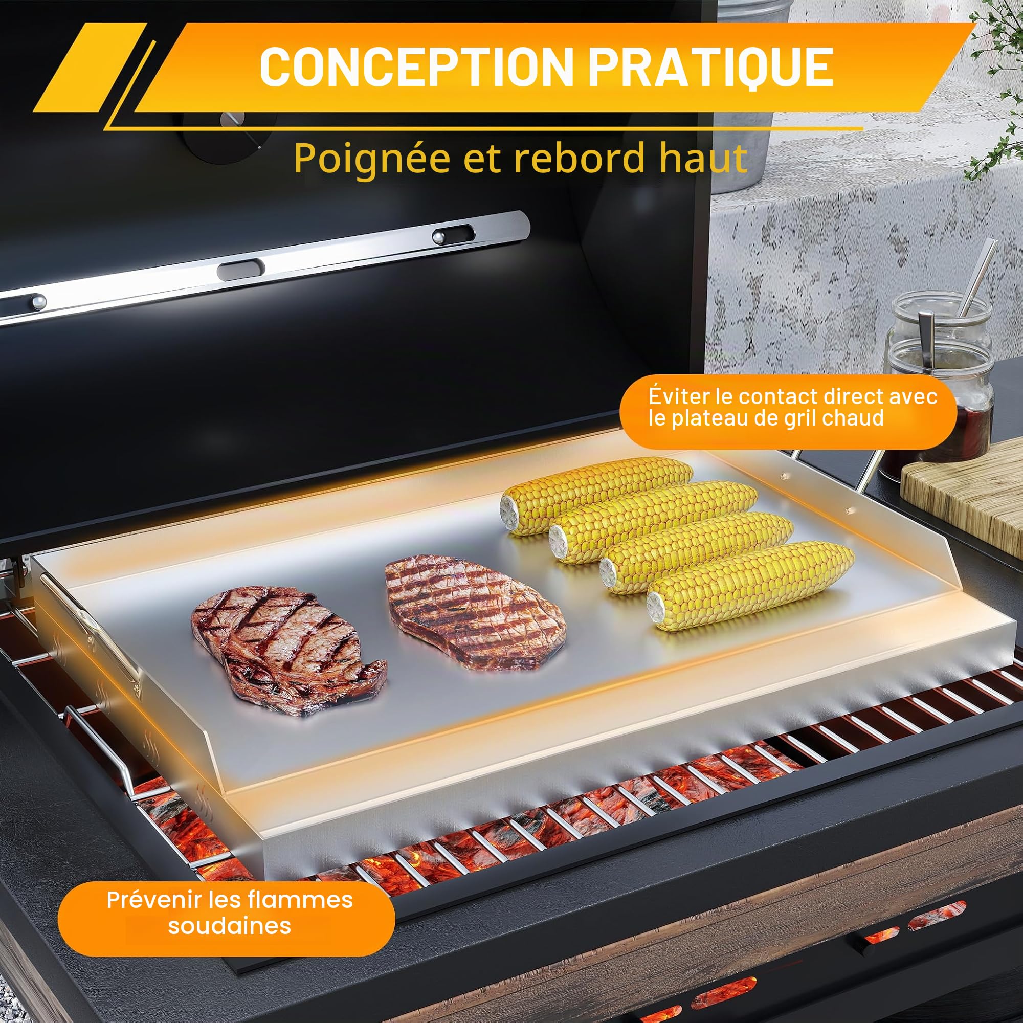 FIVMEN Plancha universelle en acier inoxydable - 61 x 41 cm - Avec 2 spatules et poignées