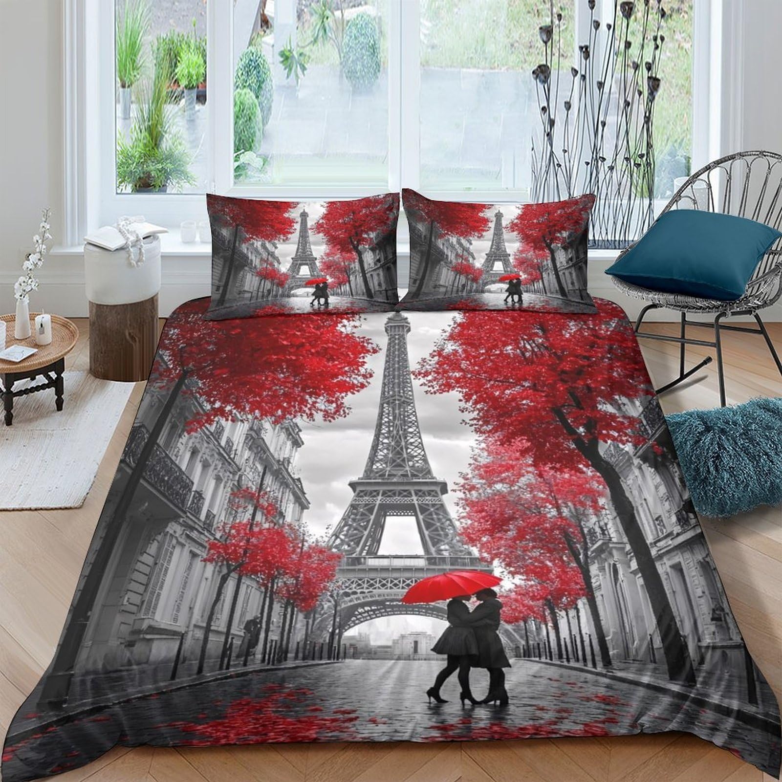Ctjqhvkz Style-10 3D Printed Paris Eiffel Tower Fitted Sheet Microfiber Red Tree Romantic Bed Cover For Bedroom Dorm Room Decor Single（135X200cm）