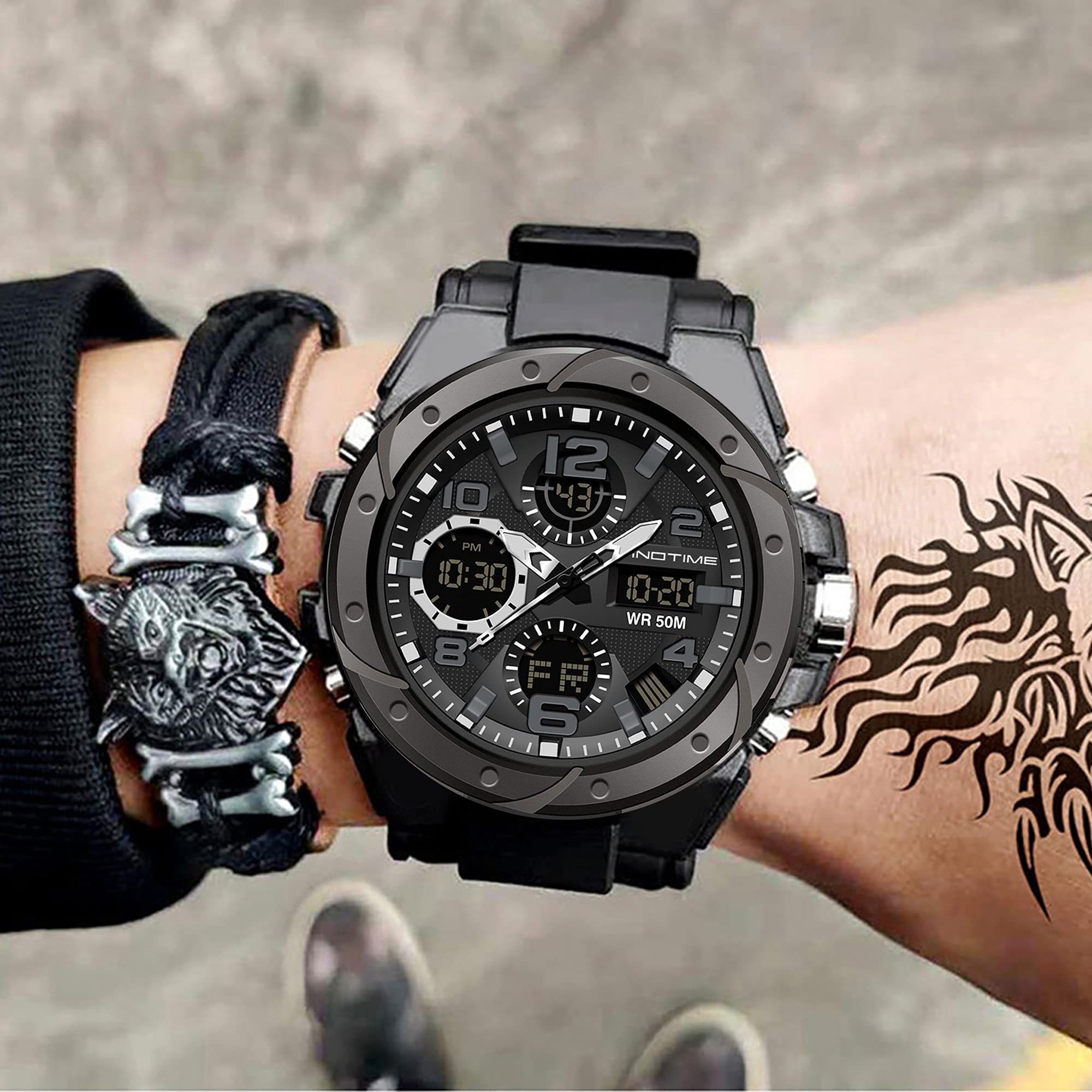 findtime Reloj deportivo digital militar para hombre, pantalla grande, resistente al agua, 5 ATM, con alarma, calendario, cronómetro, cronómetro, rojo, Negro , Militar