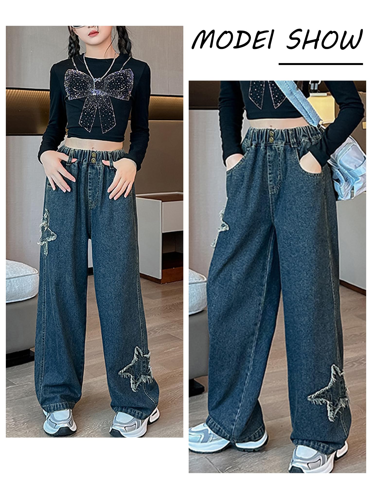 SEAUR Wide Leg Jeans for Girls Kids Baggy Jeans Y2K Elastic Waist Pants Casual Loose Denim Pants with Pockets Comfy Trousers