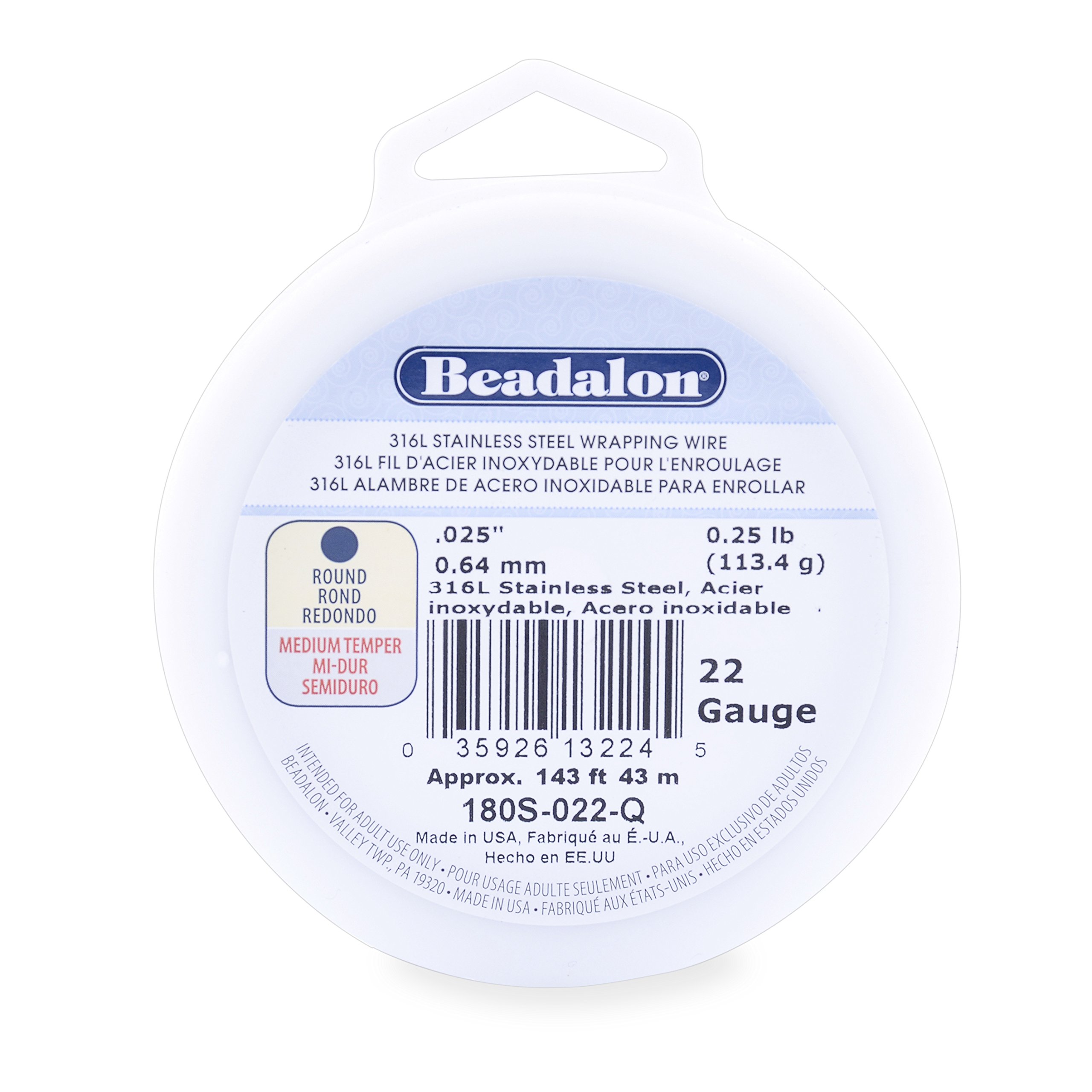 Beadalon Filo di Acciaio Inossidabile 316L, Metri, Rotondo, 22 Gauge, Rotondo, 143 Feet, 1/1,8 Kilogram
