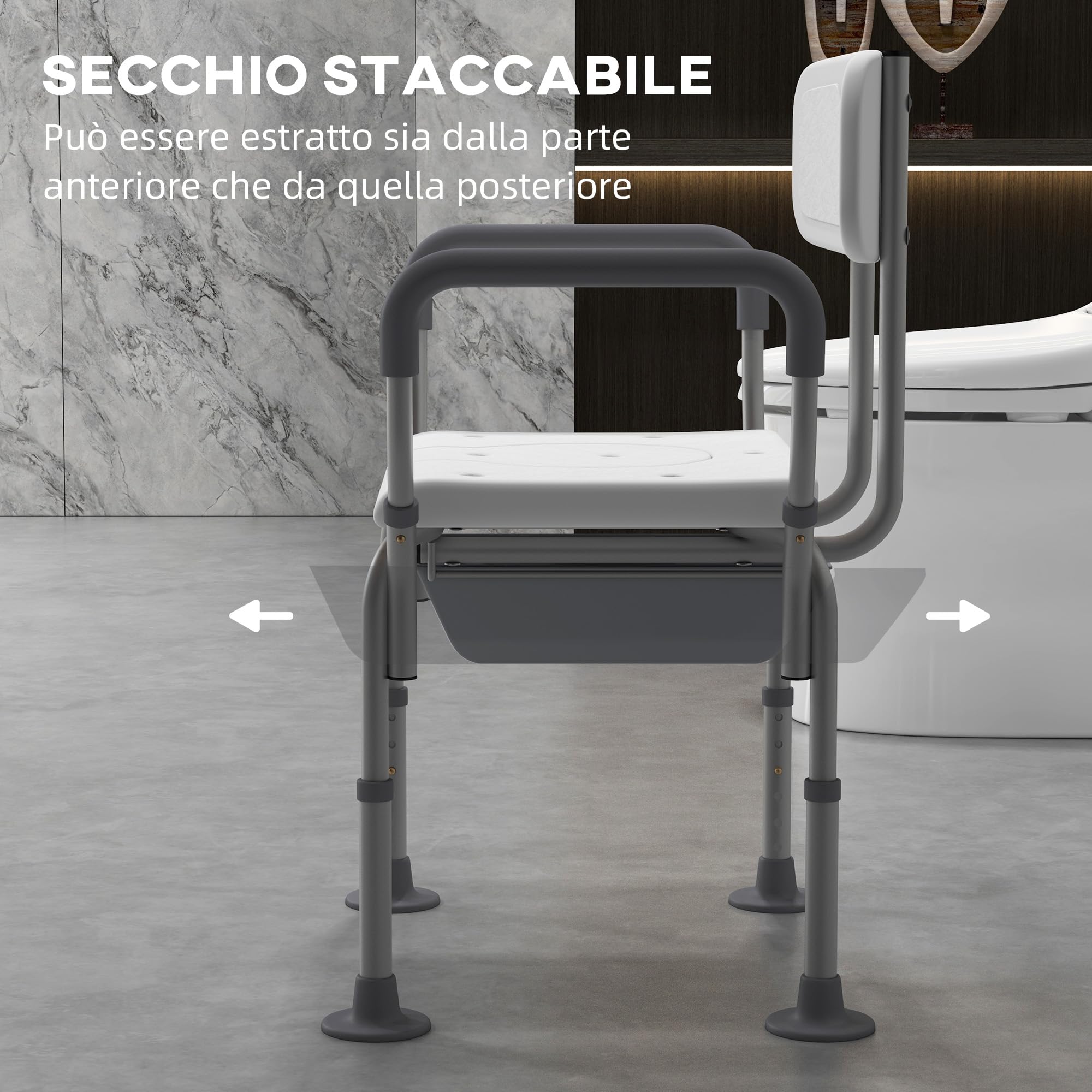 HOMCOM Sedia da Doccia 3 in 1 con Schienale e Braccioli, Sedia Comoda e Sedia WC con Altezza Regolabile e Piedini Antiscivolo, Bianco