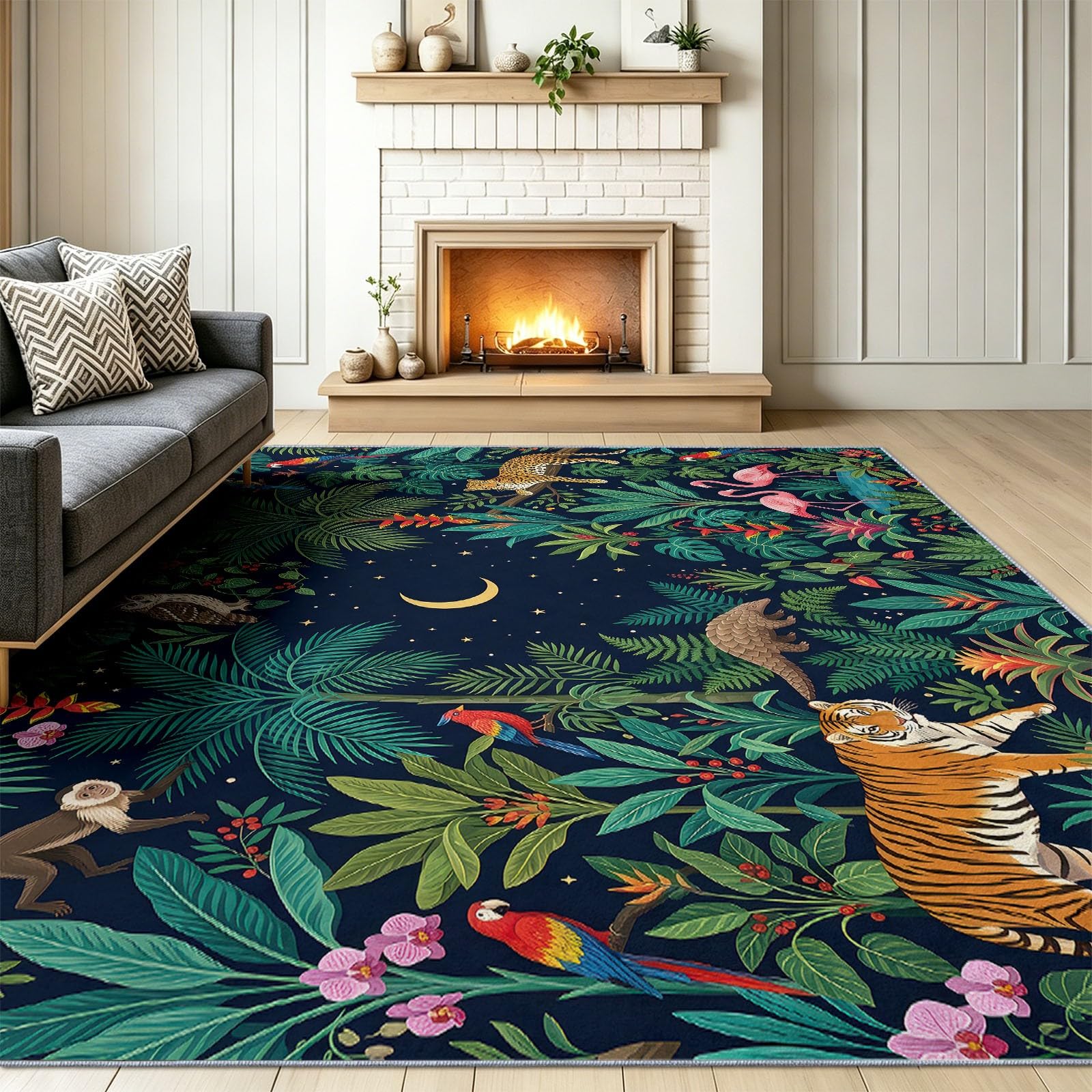 Tapis Vert Luxe Plante Animal Tigre, 140 x 200 cm Vintage Bohème Tapis Salon Lavable Dos en Caoutchouc Antidérapant, pour Chambre à Coucher Cuisine Salle à Manger
