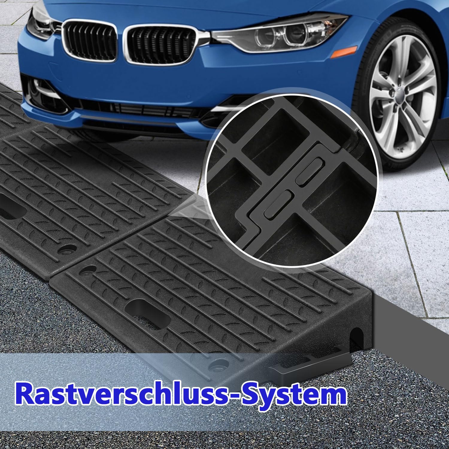 2 Stück Bordsteinrampe Gummi (10 cm hoch) – tragbar mit Griff, Auffahrrampe für Rollstuhl & Auto, rutschfeste Türschwellenrampe, max. Belastung 5 Tonnen, inkl. Montageset (50x32x10 cm)