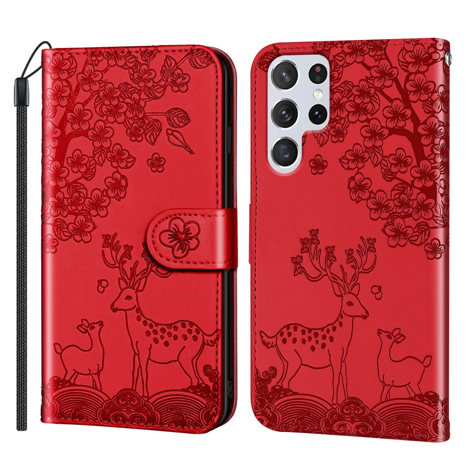 Etui do Samsung Galaxy S22/S22 Plus/S22 Ultra, wytłaczany jeleń skóra PU, portfel etui z przegródkami na karty podpórka, magnetyczne etui na telefon z klapką, czerwone, S22 Plus 6,7"