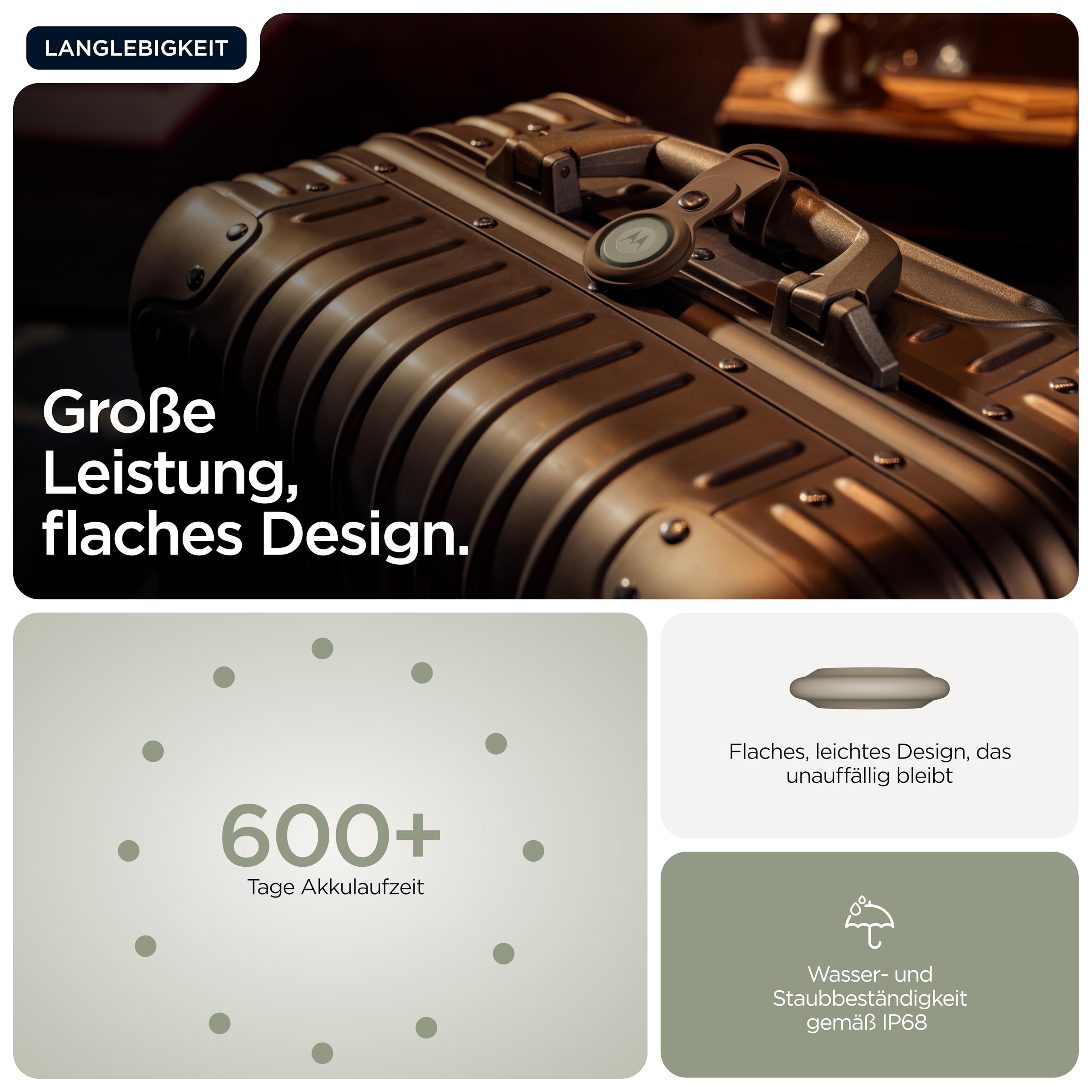 Motorola Moto Tag – Smart Tracker, 1er Pack (Android- und iOS-kompatible, Bluetooth 6.0, IP67 Wasserschutz, Finder für Schlüssel, Gepäckstücke und vieles mehr), Pantone Laurel Oak