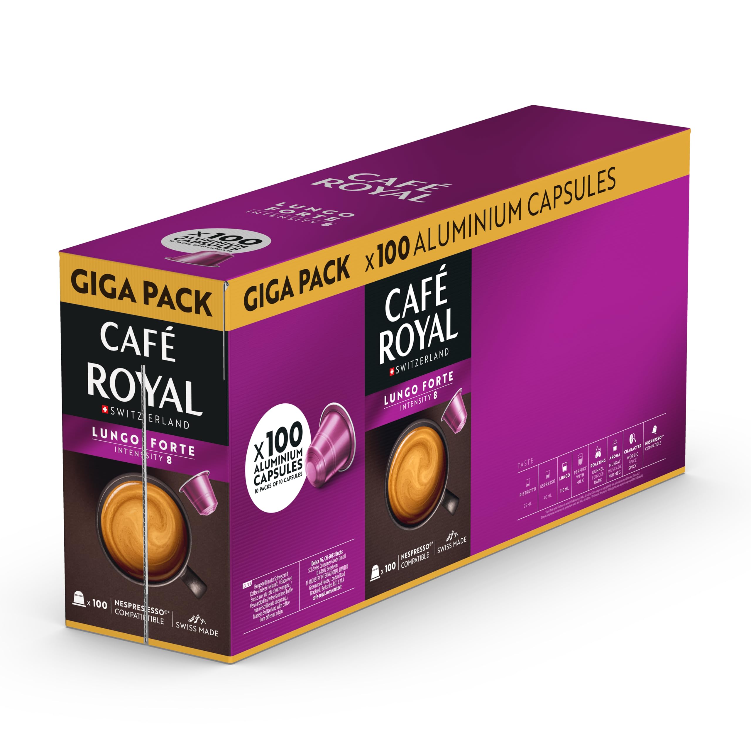 Café Royal Lungo Forte – 100 Nespresso® Compatible Capsules, Intensity 8/12, 100% Arabica, Rainforest Alliance