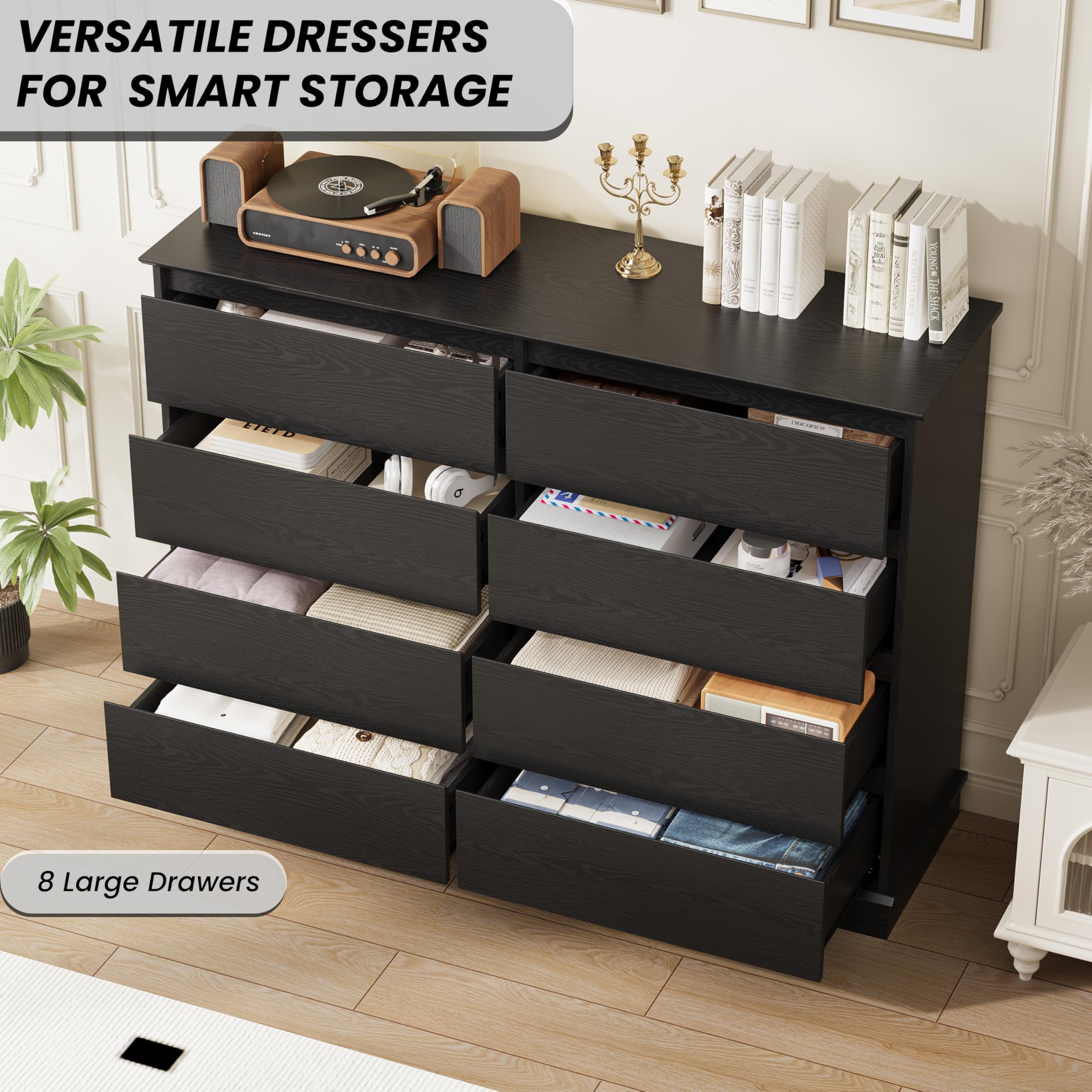 Amazon.com: GarveeHome Black 8 Drawer Dressers for Bedroom, Chest of  Drawers with Deep Drawers, Large Double Dresser for Closet with Wide Top,  Horizontal Wooden Dresser for Living Room, Hallway, Kids Room :