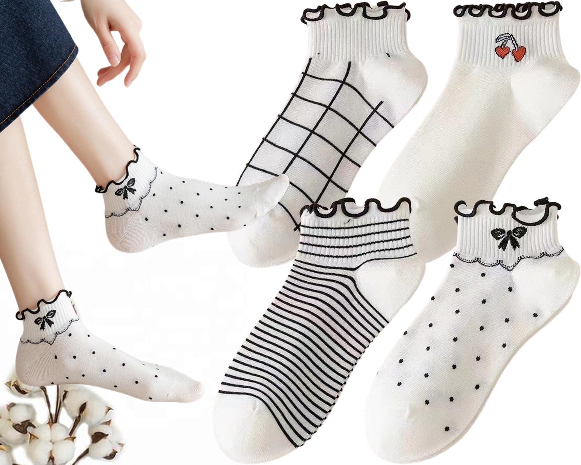 CHUNFO Womens Socks Ruffle Ankle Striped Bows Argyl Plaid Dots White Cotton Sock Crew Size5-9 Size6-11
