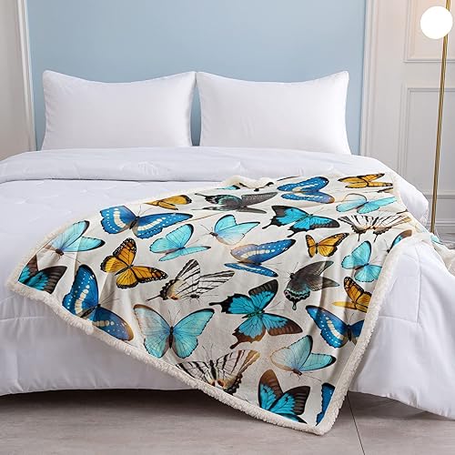 Miniatura 4 de SOULZZZ Manta de mariposa azul, diseño de mariposa amarilla y azul, manta de sherpa de felpa suave con mariposas para niños, niñas, mujeres,