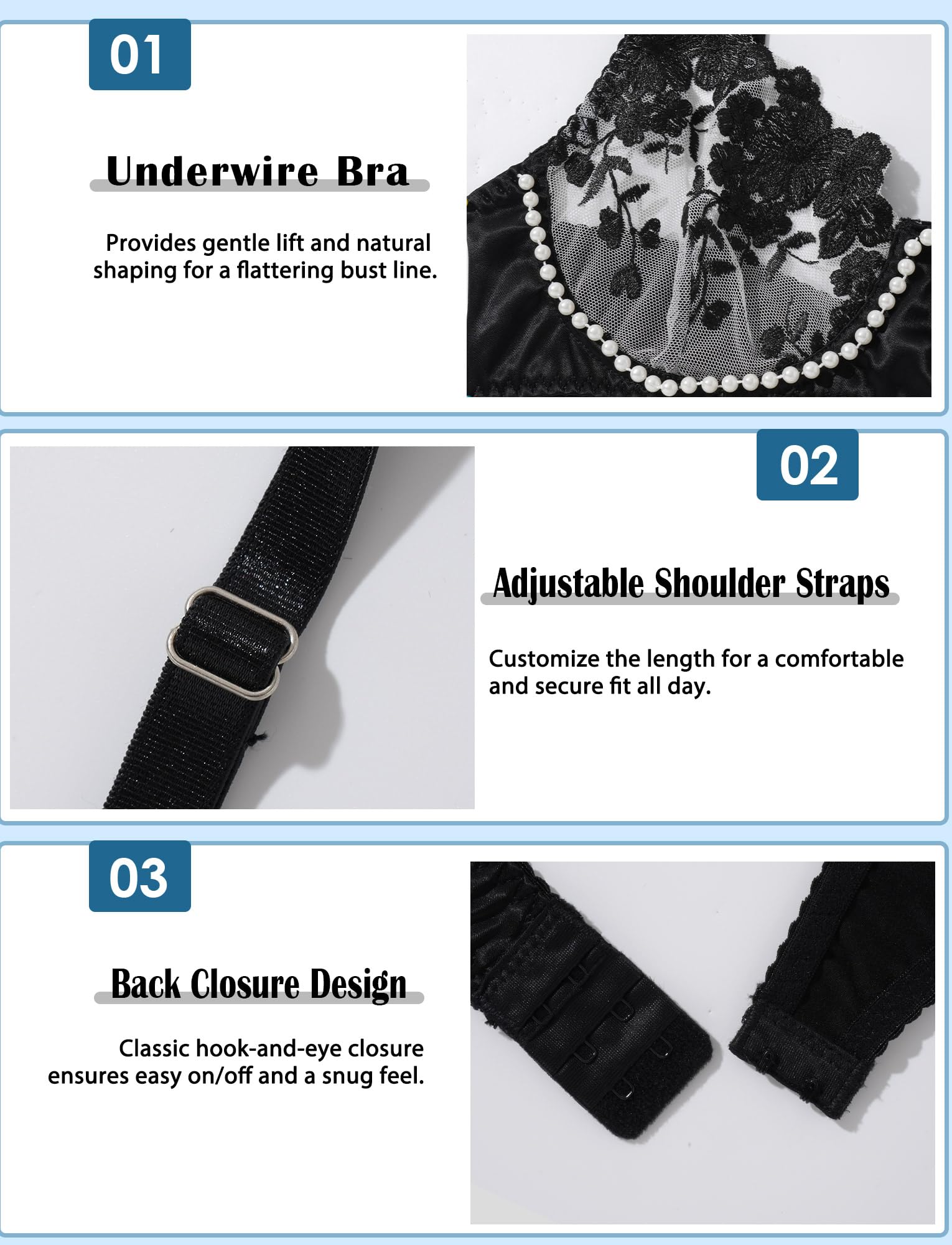 Ausing Sexy Underwire See-through Mesh Floral Embroidered Lingerie Set for Women S-L: Black Small