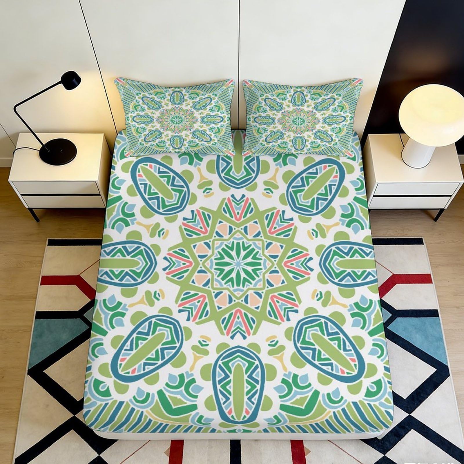 3D Printed Blue Green Mandala Fitted Sheet Microfiber Mattress Cover for Bedroom, Dorm and Guest Room 90x200x25cm