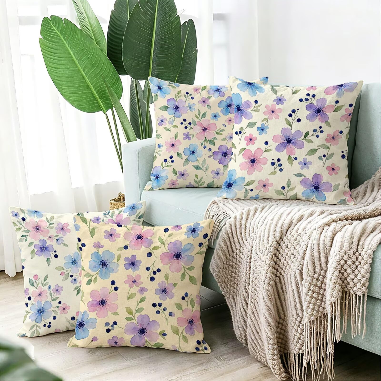 Viola Federe Cuscini Divano 60x60cm, Cuscini da Esterno Set de 4, Cod-104 | Lin Copricuscini Decorativi Letto Arredo, per Letto, Soggiorno, Giardino, Esterno, Casa Decorazione Set di 4 Piccolo Fiore
