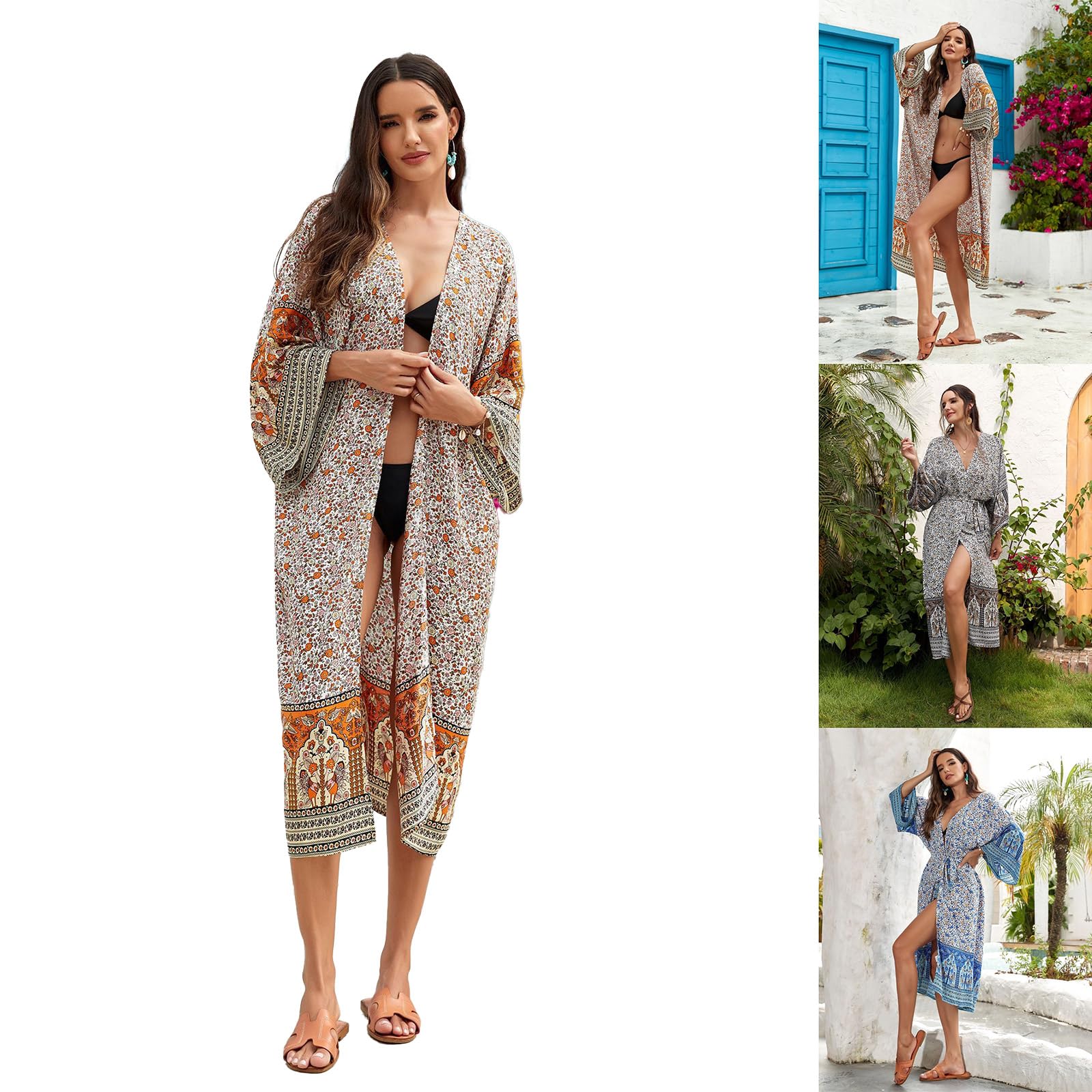 Traje de baño tipo kimono de manga larga para mujer, con flores, frente abierto, holgado, chal, vestido de playa con cinturón