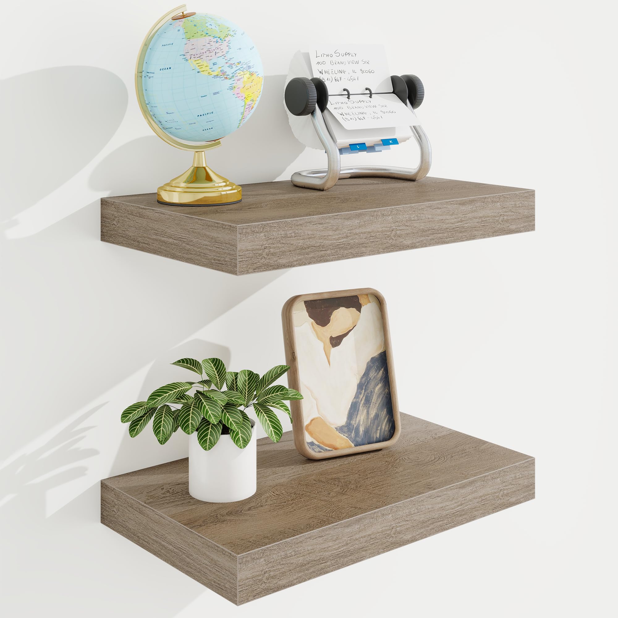 Acovy 40cm Floating Shelves, 23.5cm Deep Floating Shelf Wall Mounted, 40cm Wall Shelves, Rustic Deep Bookshelf, Large Display Shelves & Storage Shelves for Bedroom, Living Room, Grey, Set of 2