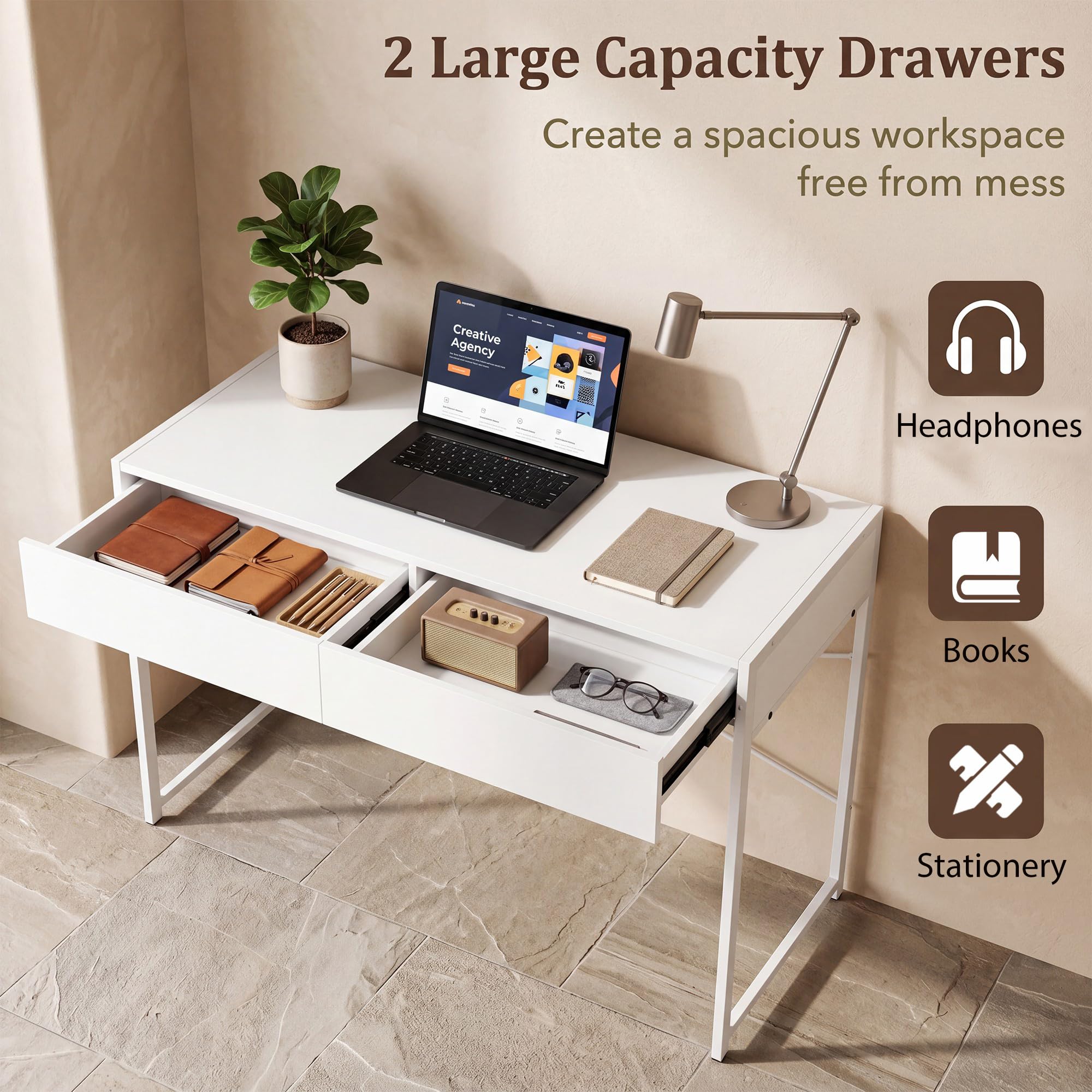 KOMFOTTEU Escritorio con 2 Cajones, Mesa Escritorio Ordenador con Marco Metálico, Mesa de Trabajo Moderna para Oficina, Dormitorio, Estudio, Despacho, 111 x 48 x 76 cm (Blanco)