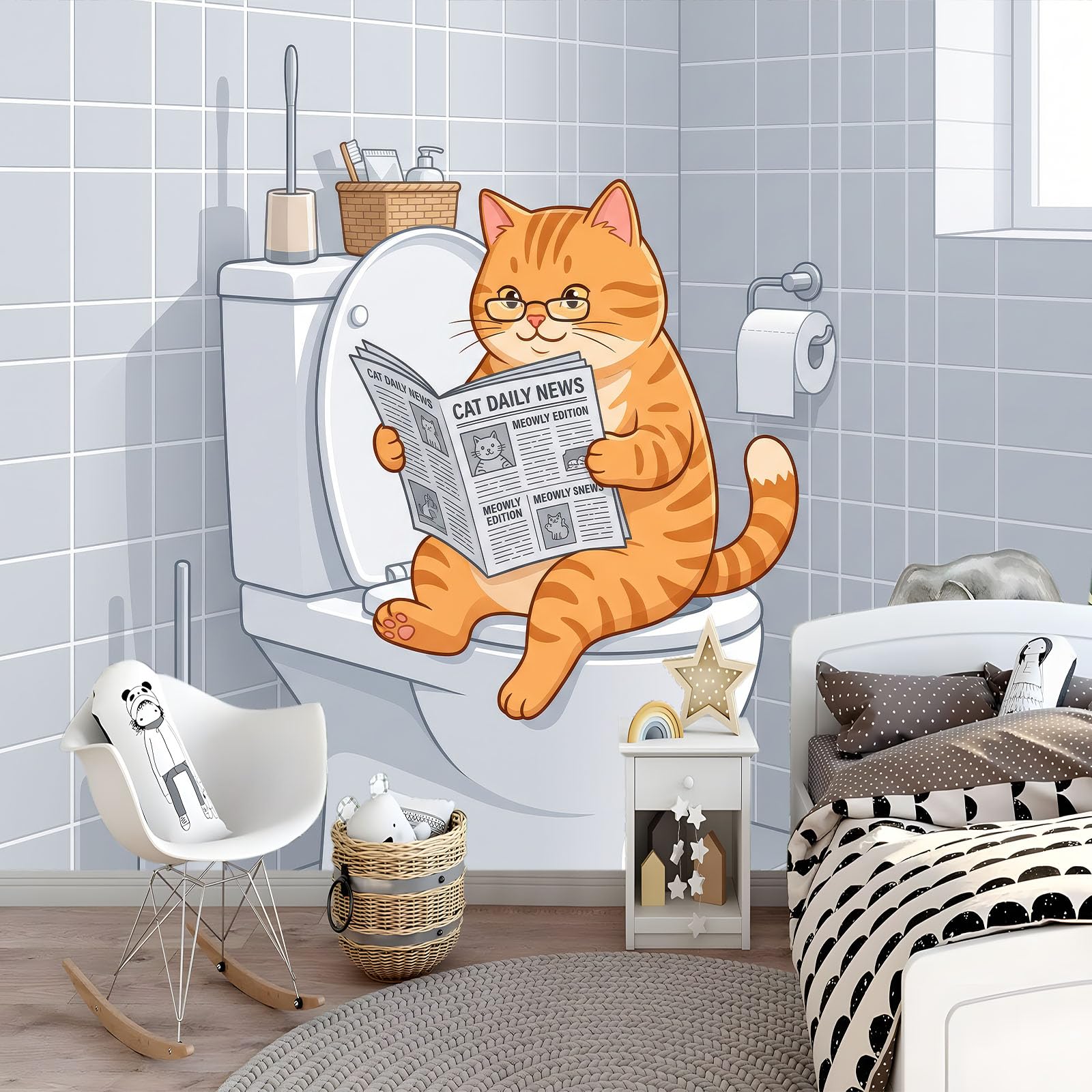 Papier Peint Panoramique 3D Gris Clair Dessin Animé Chat 300 x 210 cm