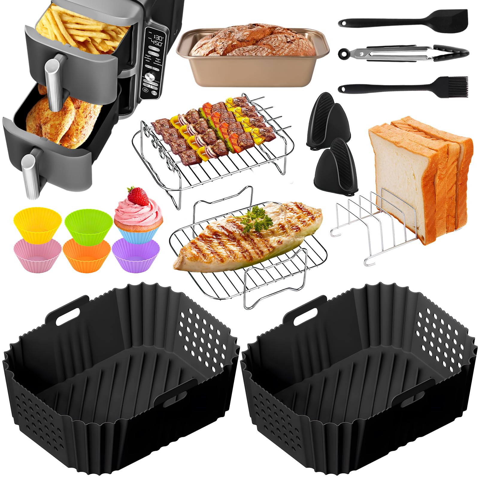 Set Da 18 Accessori Per Friggitrice Ad Aria Calda Ninja Dual Zone E Philips - Stampini Silicone, Griglie, Spiedini E Carta Forno - Compatibile Con AF400EU, SL400EU - 5
