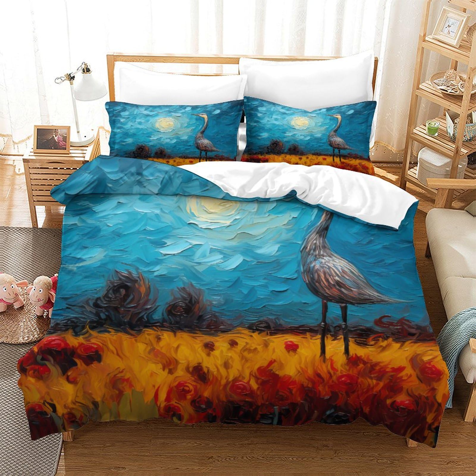 P1S9U7W5Y Dreamy Moon Crane 3D Printed Duvet Cover Set 3pcs Microfiber Sunflower Bedding Set Double