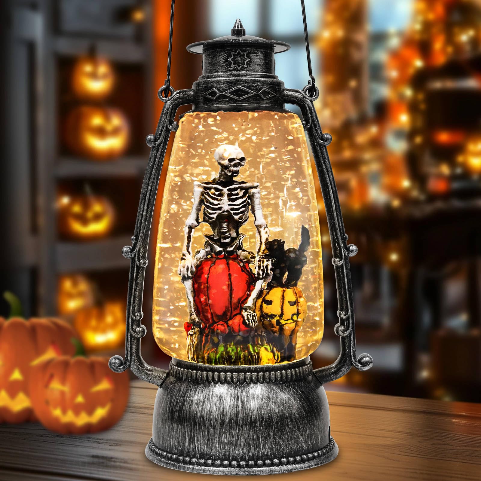 Halloween Skeleton Snow Globe Lantern with 6H Timer Battery Operated USB Powered Lighted Water Glitters Skeleton Sitting Tombstone Pumpkin Tabletop Lantern for Halloween Decorations Indoor Outdoor