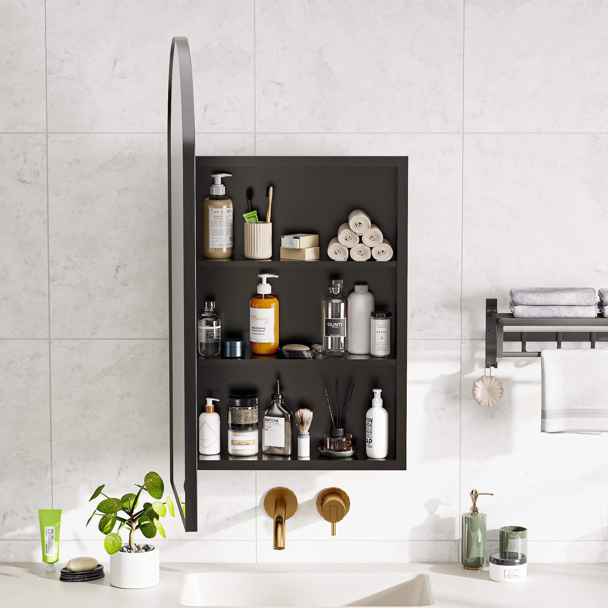 similar)Medicine Cabinet with Mirror,Bathroom Wall Cabinet with Adjustable Shelves Arch Metal Storage Cabinet for Bathroom Bedroom (No Assembly Required) Black 16.5 * 31.1''