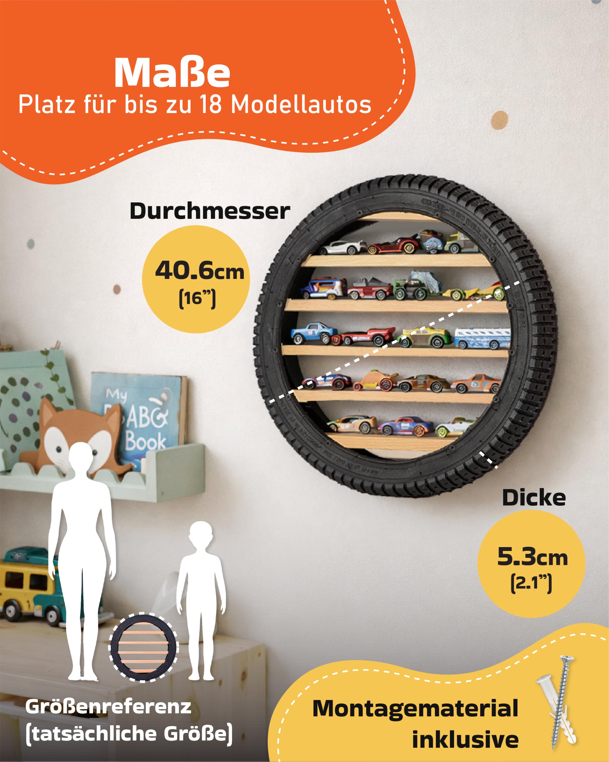 Tapeera Modellauto Vitrine im Reifen-Design – Wandregal für Spielzeugautos – Holz Regal für 18 Diecast Autos im Maßstab 1:64 – kompatibel mit Hot Wheels & Matchbox – Ø 40 cm