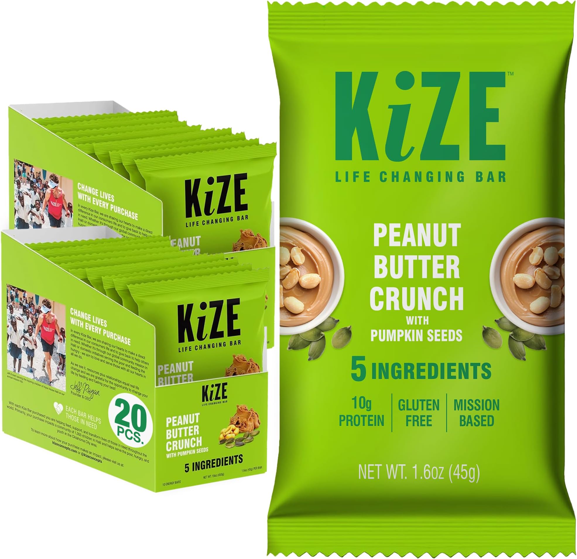 KiZE Energy Bars - Peanut Butter Crunch - 20-Count - Gluten Free, Non-GMO, and High Protein Meal Replacement Energy Bars, Clean and Simple Food Ingredients - 10g High Protein Snacks (20 Count)