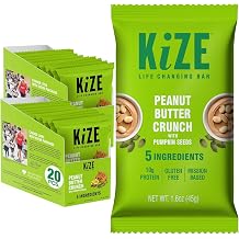 KiZE Energy Bars - Peanut Butter Crunch - 20-Count - Gluten Free, Non-GMO, and High Protein Meal Replacement Energy Bars, Clean and Simple Food Ingredients - 10g High Protein Snacks 20 Count