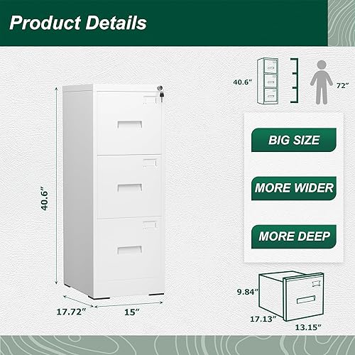 Miniatura 3 de Superday Archivadores de 3 cajones, archivador vertical de 18 pulgadas de profundidad con cerradura, archivador de bloqueo para oficina en casa