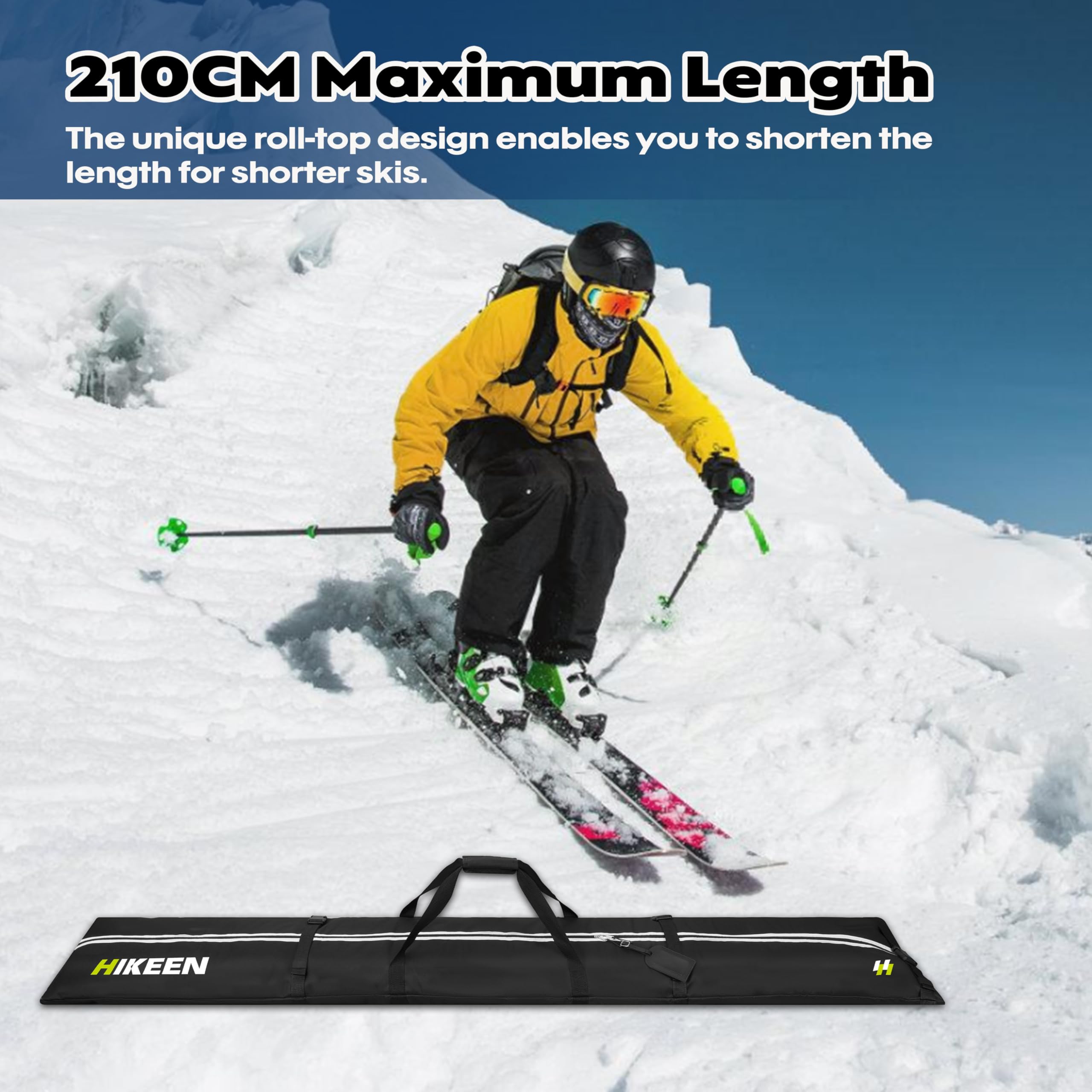 BOOSTEADY Sac de Ski pour 2 Paires de Skis, Housse pour 1 Snowboard avec Bandoulière Rembourrée, Longueur Réglable 210cm, Sac Imperméable