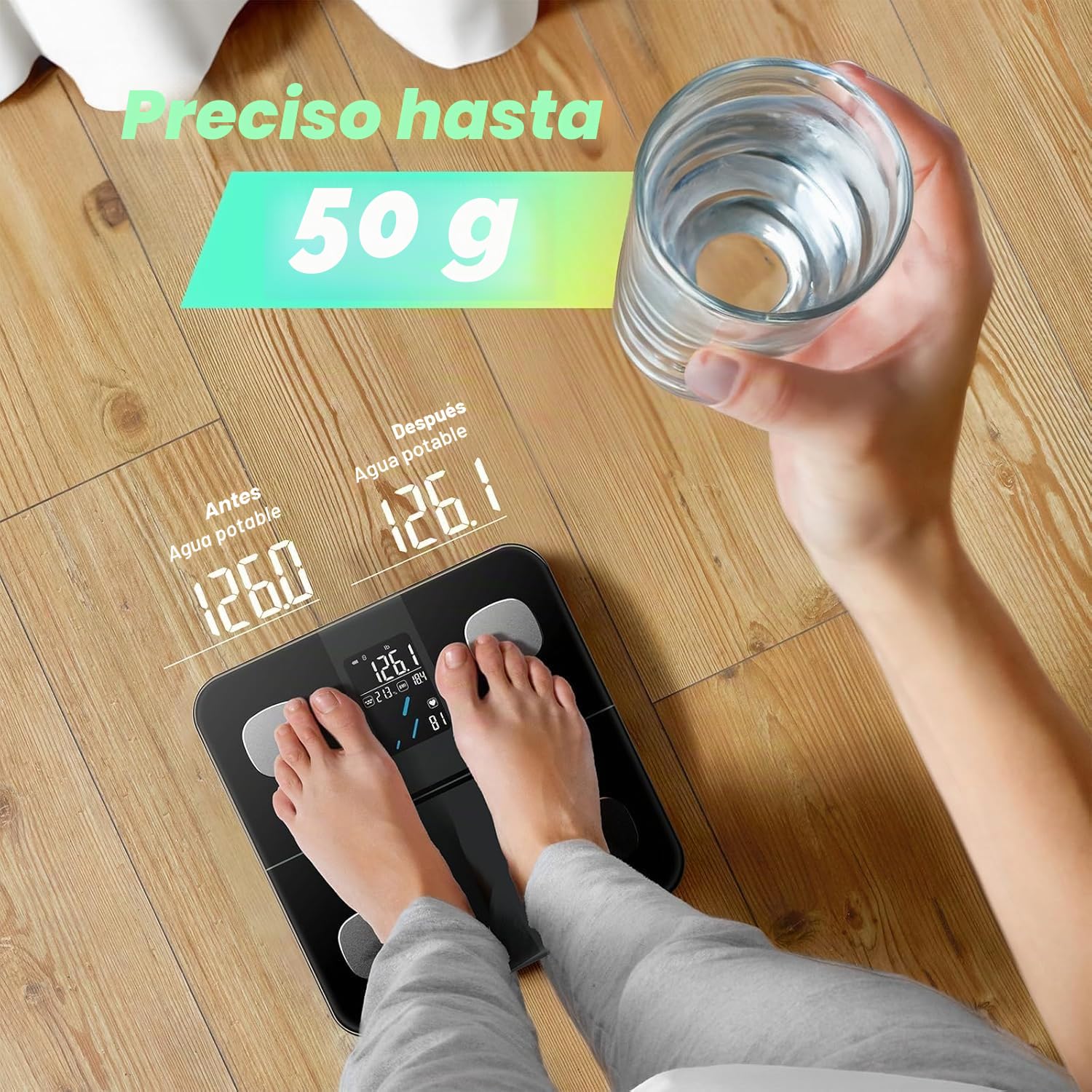 RunSTAR Báscula de Baño Inteligente, Peso y Porcentaje de Grasa, Báscula Digital de Baño de Alta Precisión con Pantalla Grande, IMC, Frecuencia Cardíaca y 15 Métricas, APP Fitness, Hasta 400 lb