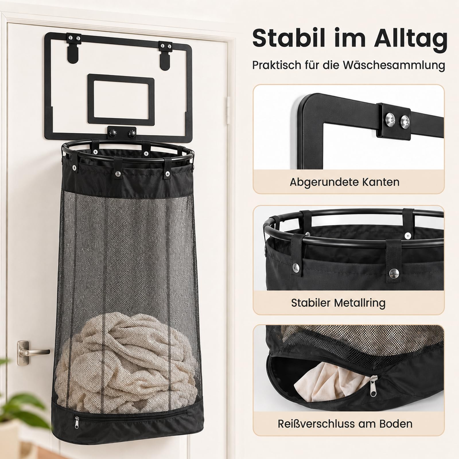 Basketball WäSchekorb, 2 in 1 Basketball Hoop Laundry Basket for Hanging on The Door with Wooden Back Panel Korb Netz, HäNgender WäSchekorb für Badezimmer und Schlafzimmer (A)
