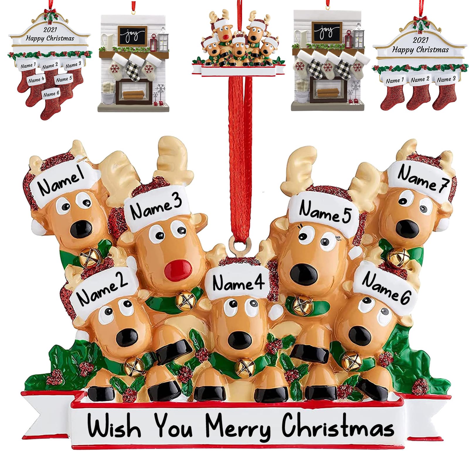Adornos de Navidad personalizados de ciervo 2024 para familia de 2/3/4/5/6/7/8, adornos de Navidad personalizados con nombres, adornos de renos personalizados, regalos, familia de 7