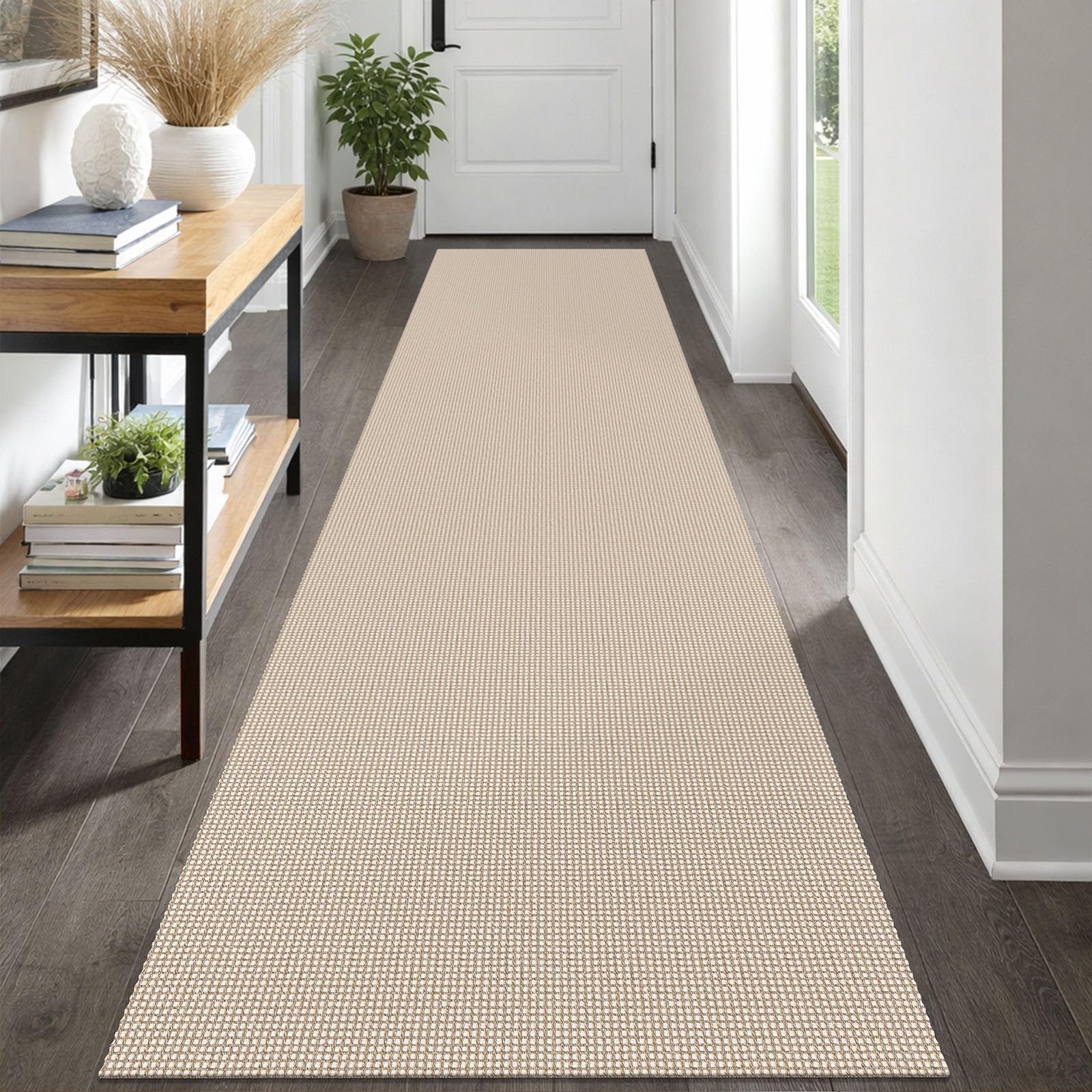 IOHOUZE Washable Runner Rug 2.6x12 Non Slip Rubber Backed Extra Long Hallway Runner Entryway Runner Indoor, Kitchen Rugs Woven Cotton Floor Carpet for Hall Entrance, Cream/Beige