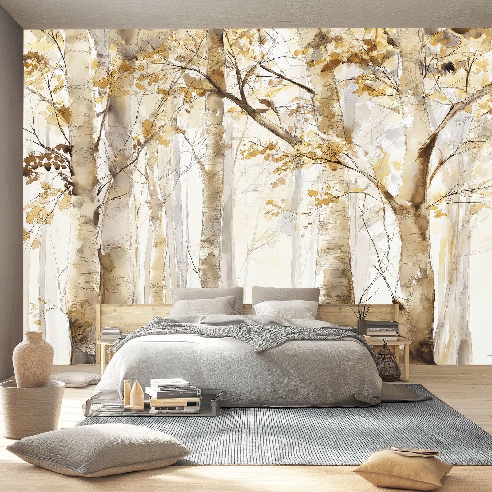Carta da Parati Non Tessuta 300 x 210 cm（WxH, Bosco Di Betulle Acquerello Stampa Carta da Parati per Decorazione Murale - Beige Mural per Pareti Della Camera da Letto Soggiorno