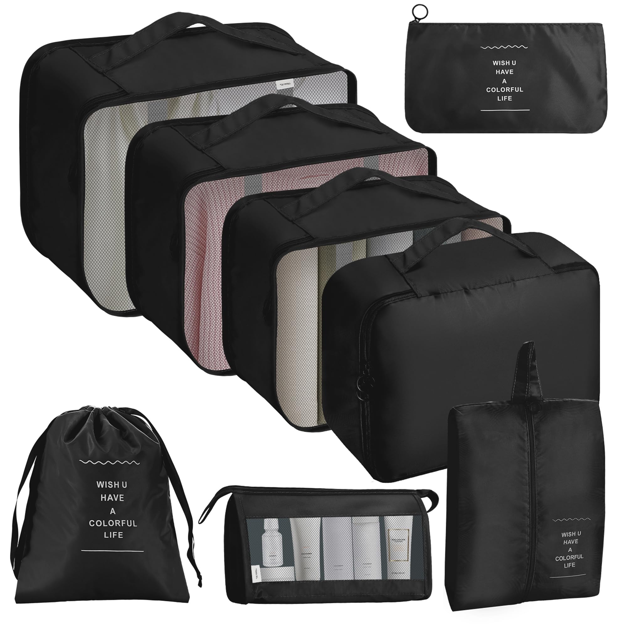 Albert Austin Black 9Pcs Travel Packing Cubes For Suitcases Waterproof Luggage Organiser Bags Double Zippered Suitcase Organiser Bags For Shoes Cosmetics Toiletries Space Saving Travel Bags (Black)