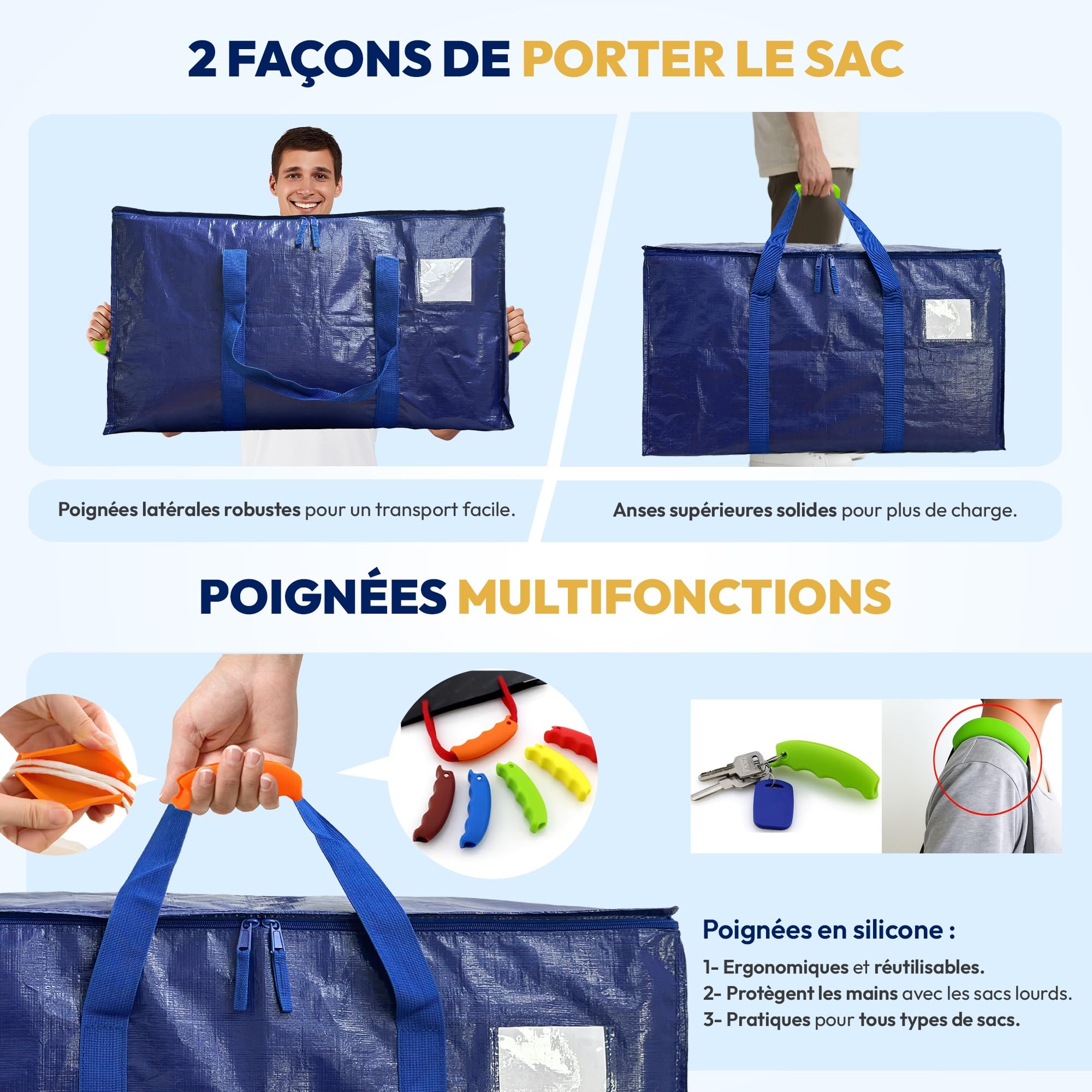 AXAM Sac de Déménagement XL 91 L [Lot de 4] – Sac de Rangement Ultra Résistants avec Poignées Confort en Silicone – Alternative Écologique au Carton – Pliables, Imperméables et Empilables