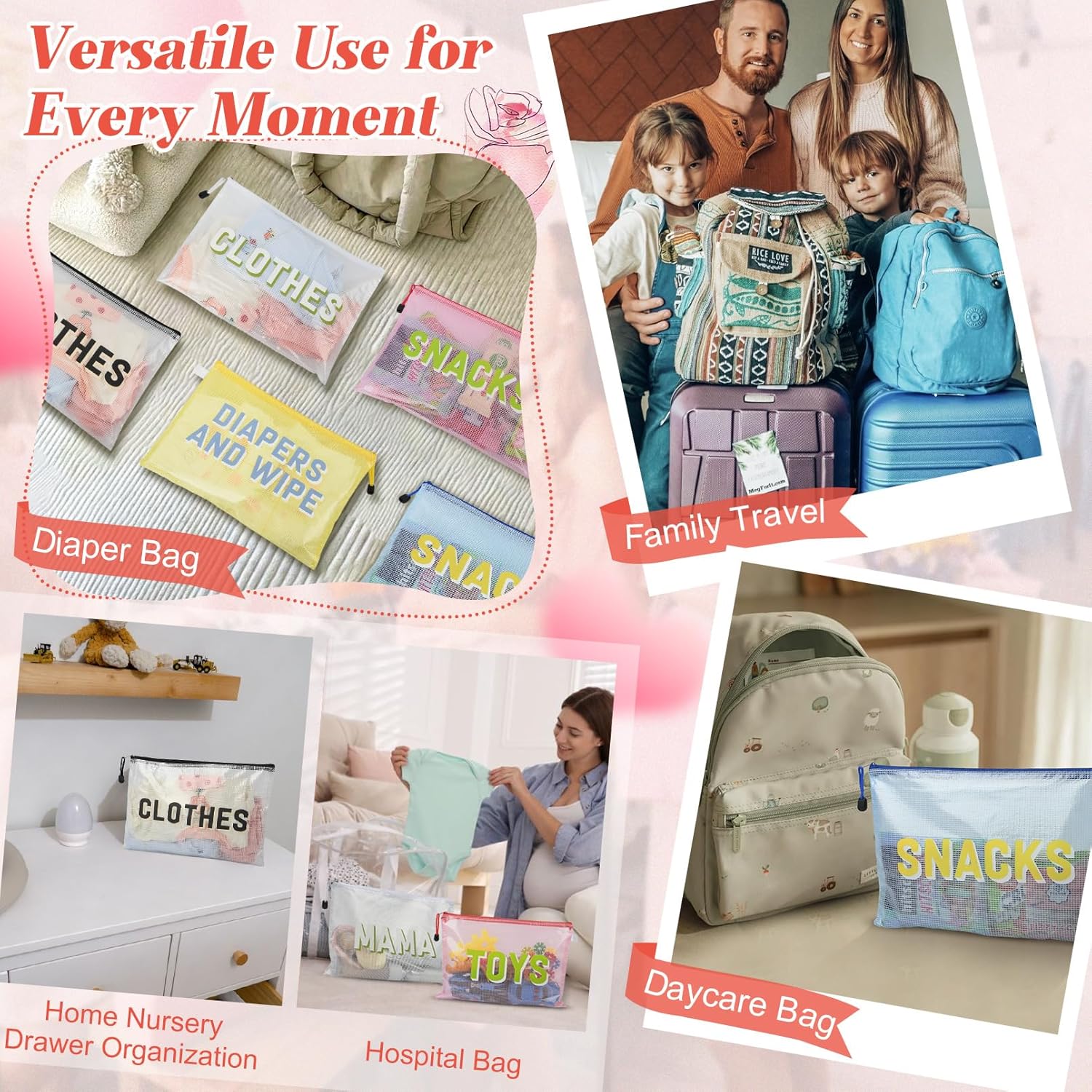 6pcs Hospital Diaper Bag Organizing Pouches for Labor and Delivery, Maternity Essentials Diaper Bag Organizer for Mommy Travel - Black/White - Image 7