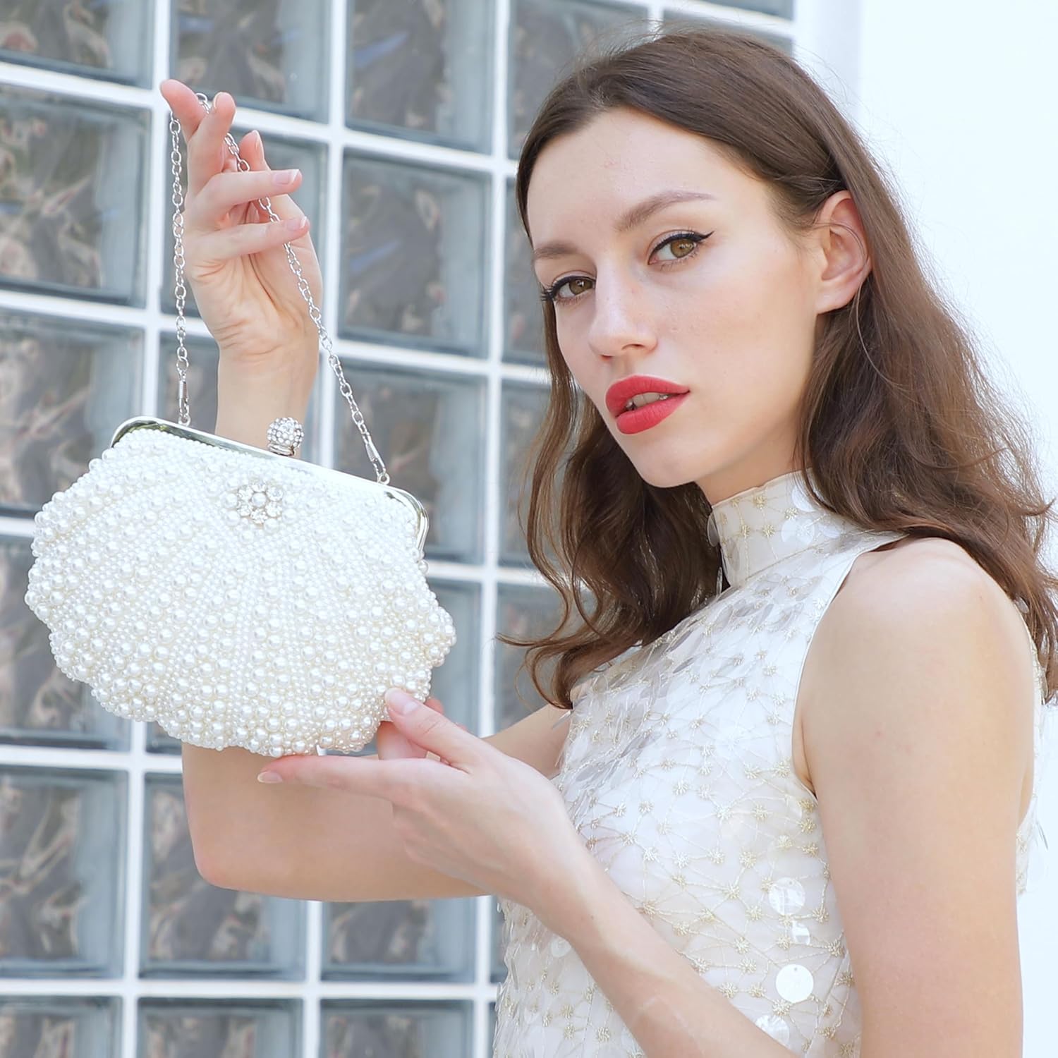 UBORSE Women Pearl Clutch Bag Noble Crystal Beaded Evening Bag Wedding Clutch with Pearl Chain - Image 2