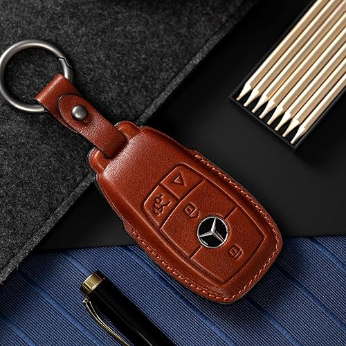 Miniatura 2 de Smyfob Funda de cuero para llavero de automóvil, color marrón, compatible con Mercedes Benz, Marrón