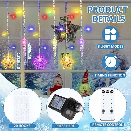 Miniatura 2 de Luces de Navidad con forma de copo de nieve y carámbanos para exteriores, luz LED de carámbano, gotas de copo de nieve con modos remotos, luz de