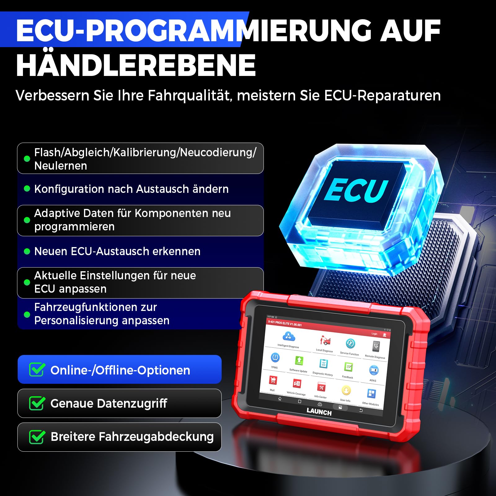 LAUNCH X431 PROS Elite OBD2 Diagnosegerät, Bi-direktionales Auto Scan-Tool mit ECU-Codierung, FCA SGW Autos, CANFD & DOIP, 45+ Zurücksetzen, All-System-Diagnose, Aktive Tests
