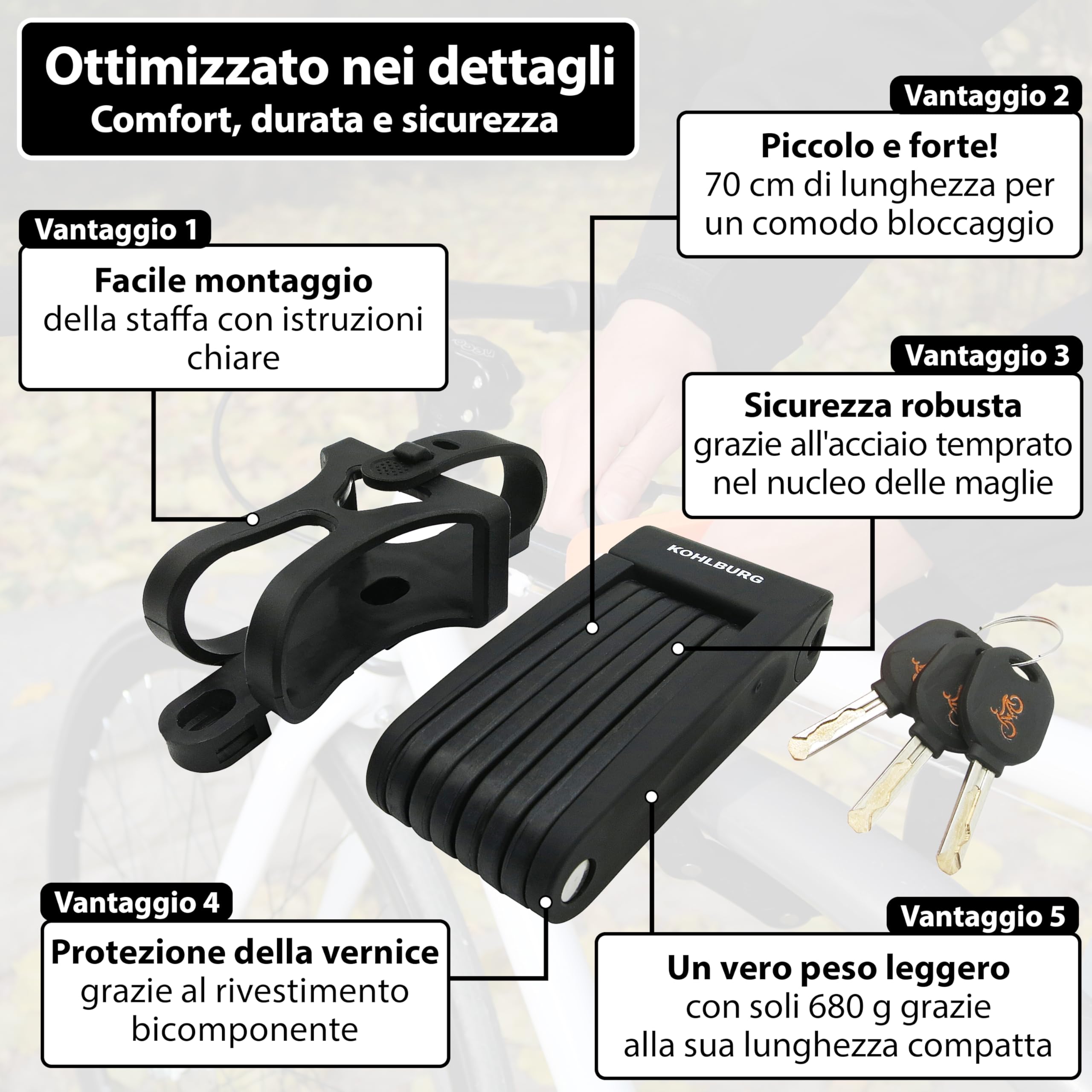 KOHLBURG Antifurto pieghevole leggero | 680g | 70cm lungo | con supporto | Lucchetto piccolo & leggero | Antifurto per biciclette in acciaio temprato | per bicicletta elettrica & monopattino elettrico
