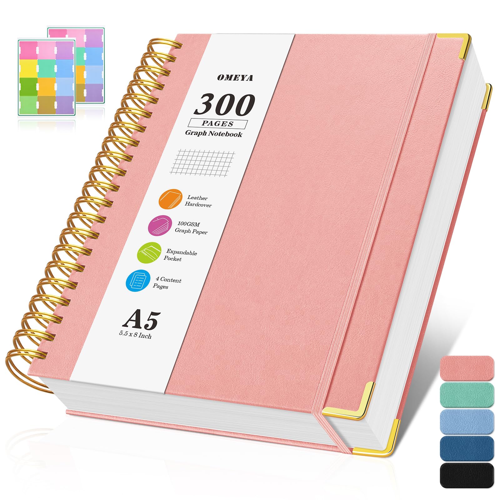Graph Paper Notebook, Spiral Grid Notebook, Hardcover Leather Journal 300 Pages, 100gsm Thick Grid Paper Notebook, A5 Small Graphing Notebook Journal