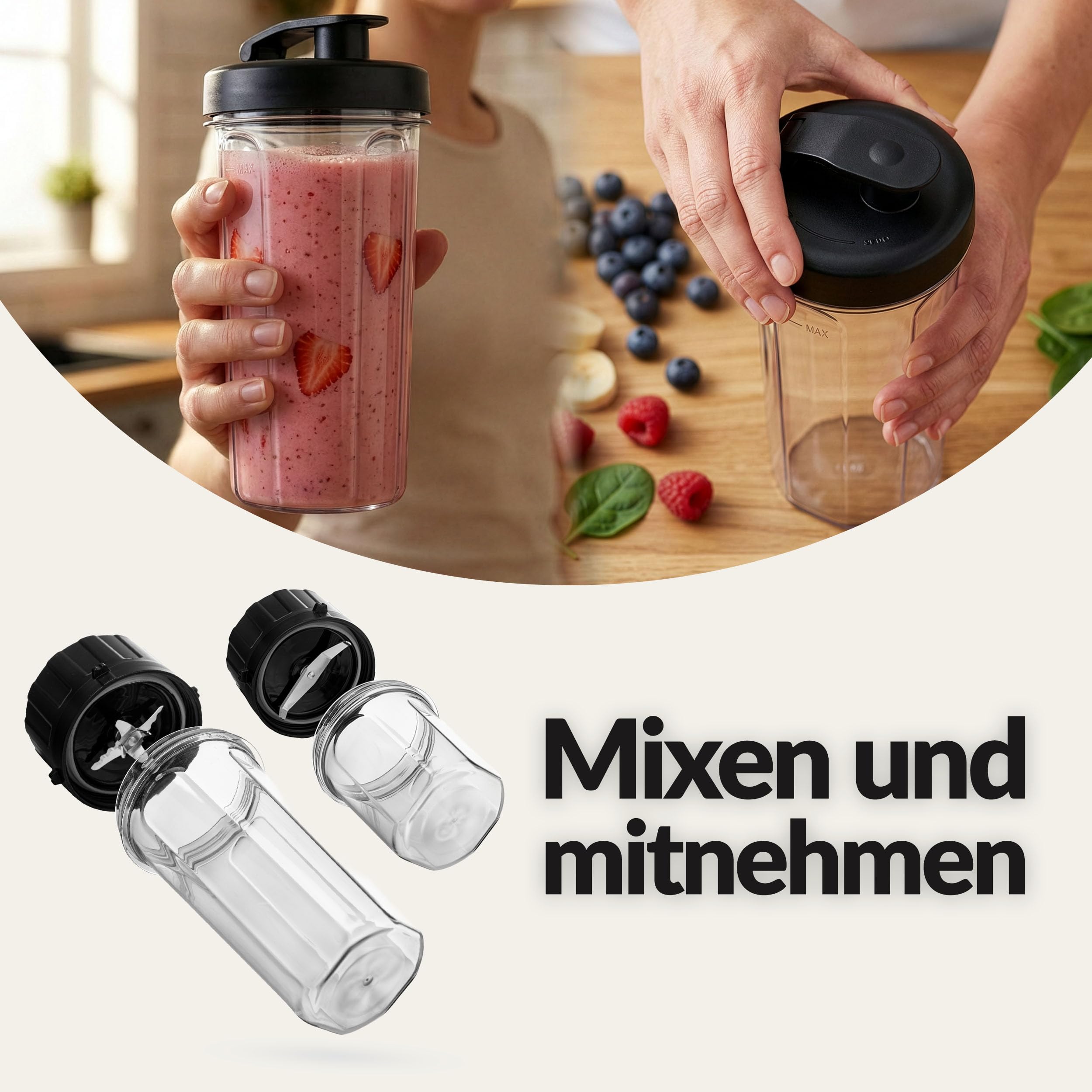 LEHMANN Standmixer 3-in-1 mit Glasbehälter 1,7 L, To-Go-Trinkflasche & Mahlwerk, 10 Geschwindigkeiten, Puls, 3 Programme für Smoothie, Milkshake, Eis-Crush, Spülmaschinengeeignete Teile, 1400 W