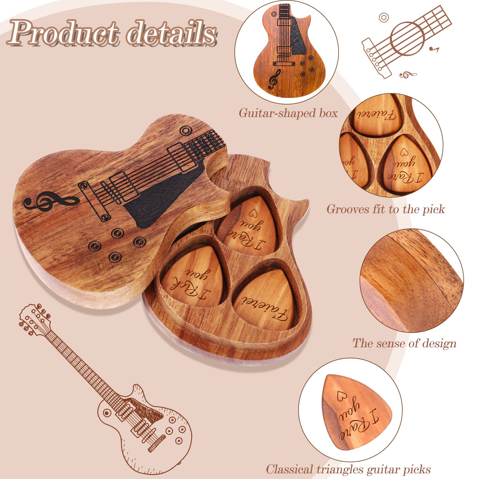 Plettri Chitarra Acustica Boîte à Médiators En Forme De Guitare - Bois Naturel - Avec 3 Médiators - Cadeau Pour Guitariste Boîte Médiators Guitare Bois