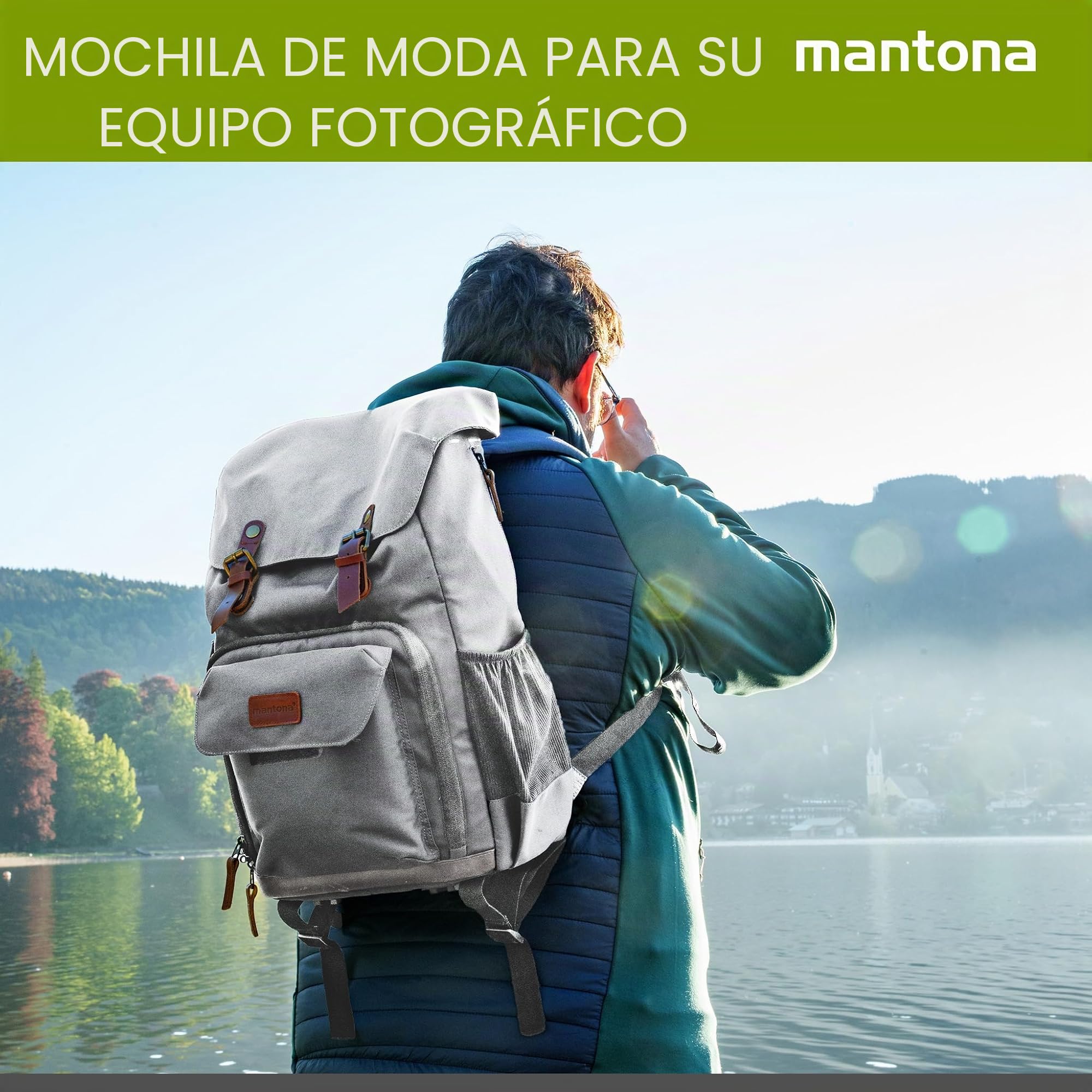 Mantona Mochila Retro Luis (con Aplicaciones de Cuero, Incluye Funda de Lluvia, Compartimentos Flexibles y Espacio para Laptop, Compatible con 1 Cámara DSLR, 3 Objetivos y Otros Accesorios), Gris