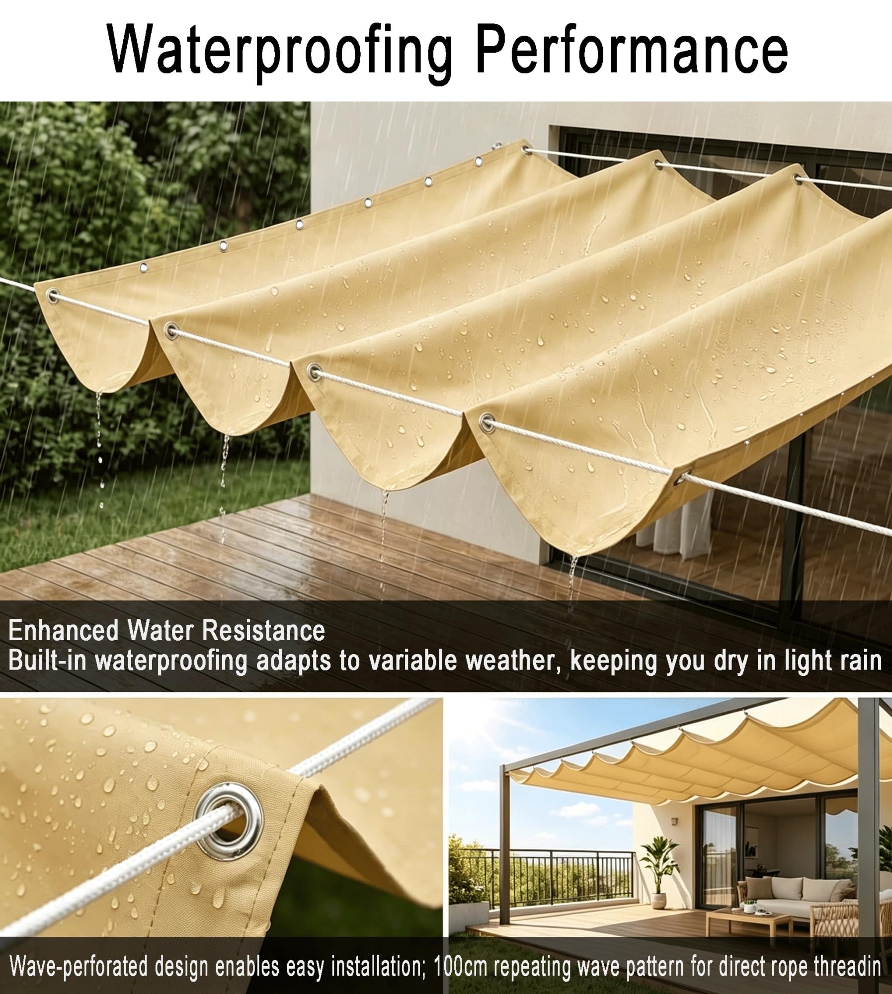 Rozwijana Osłona Pergoli Typu Wave 50 x 1500 cm Ochrony UV Regulowana Osłona Przeciwsłoneczna Prostokątna Markiza Przeciwsłoneczne Do Ogrodu Na Basen Do Kojca, Kolor kremowy